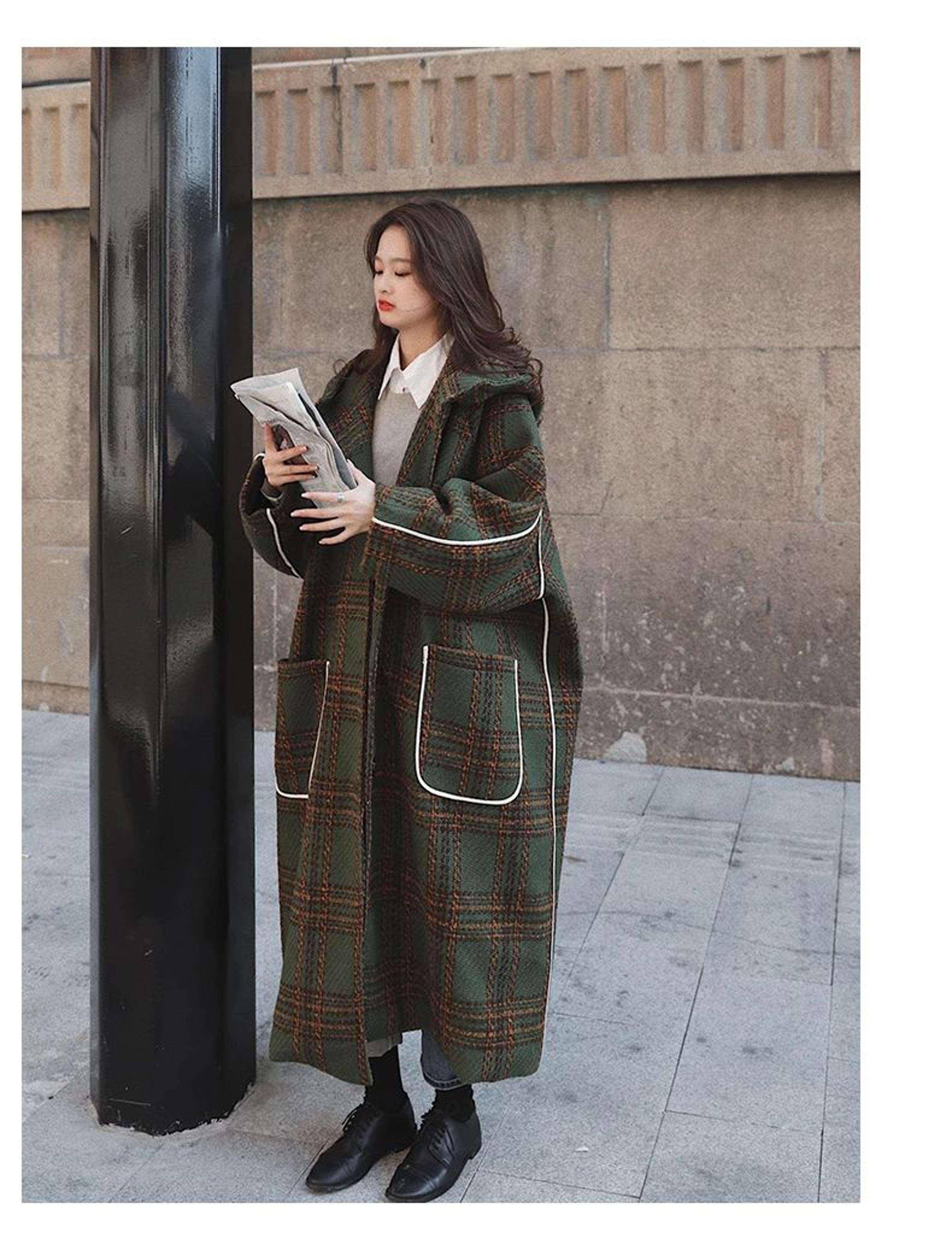 Womens Oversized Hooded Wool Blend Plaid Patchwork Long Winter Coat 9