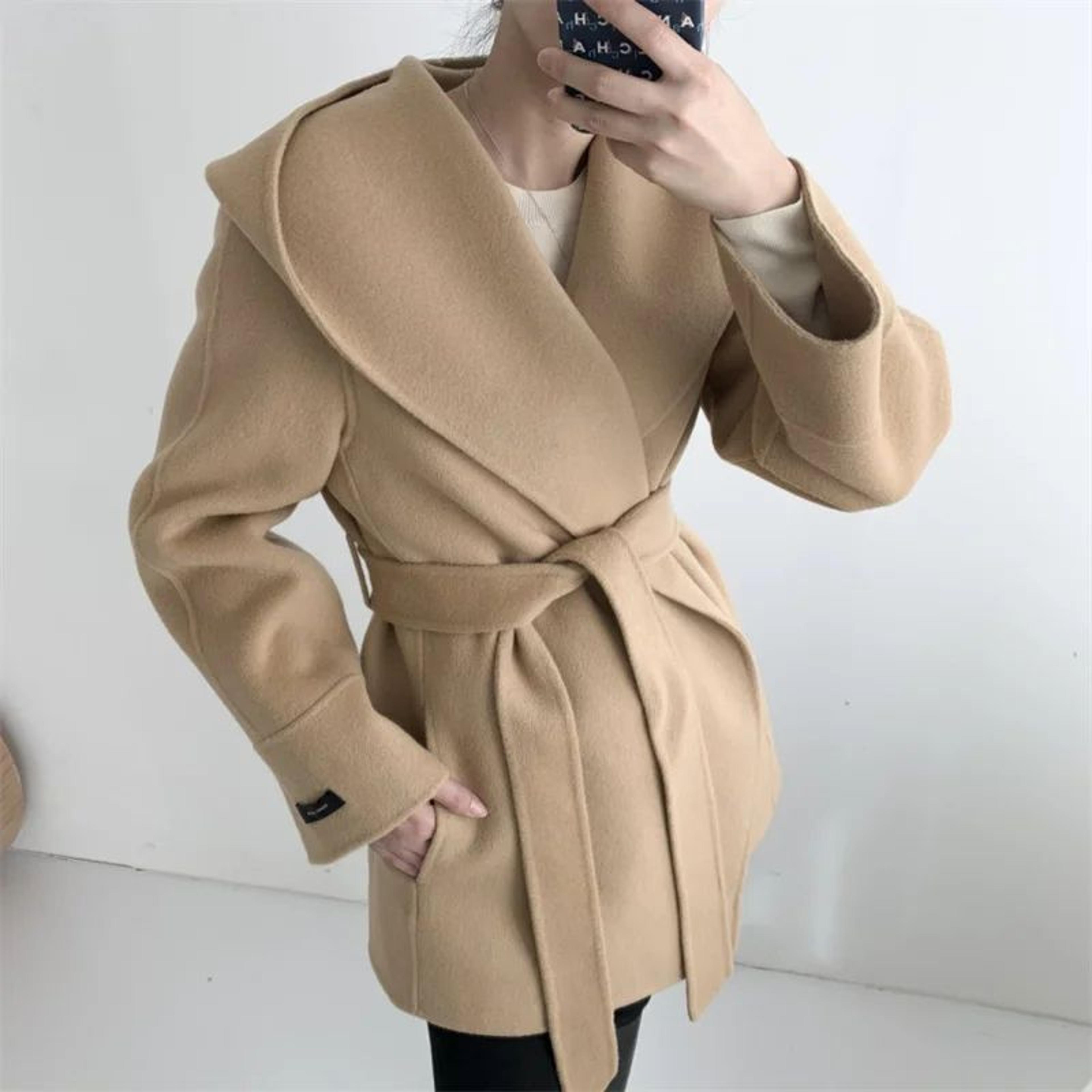 Womens Hooded Wool Blend Coat With LaceUp Closure  Elegant Vintage Winter Jacket 4