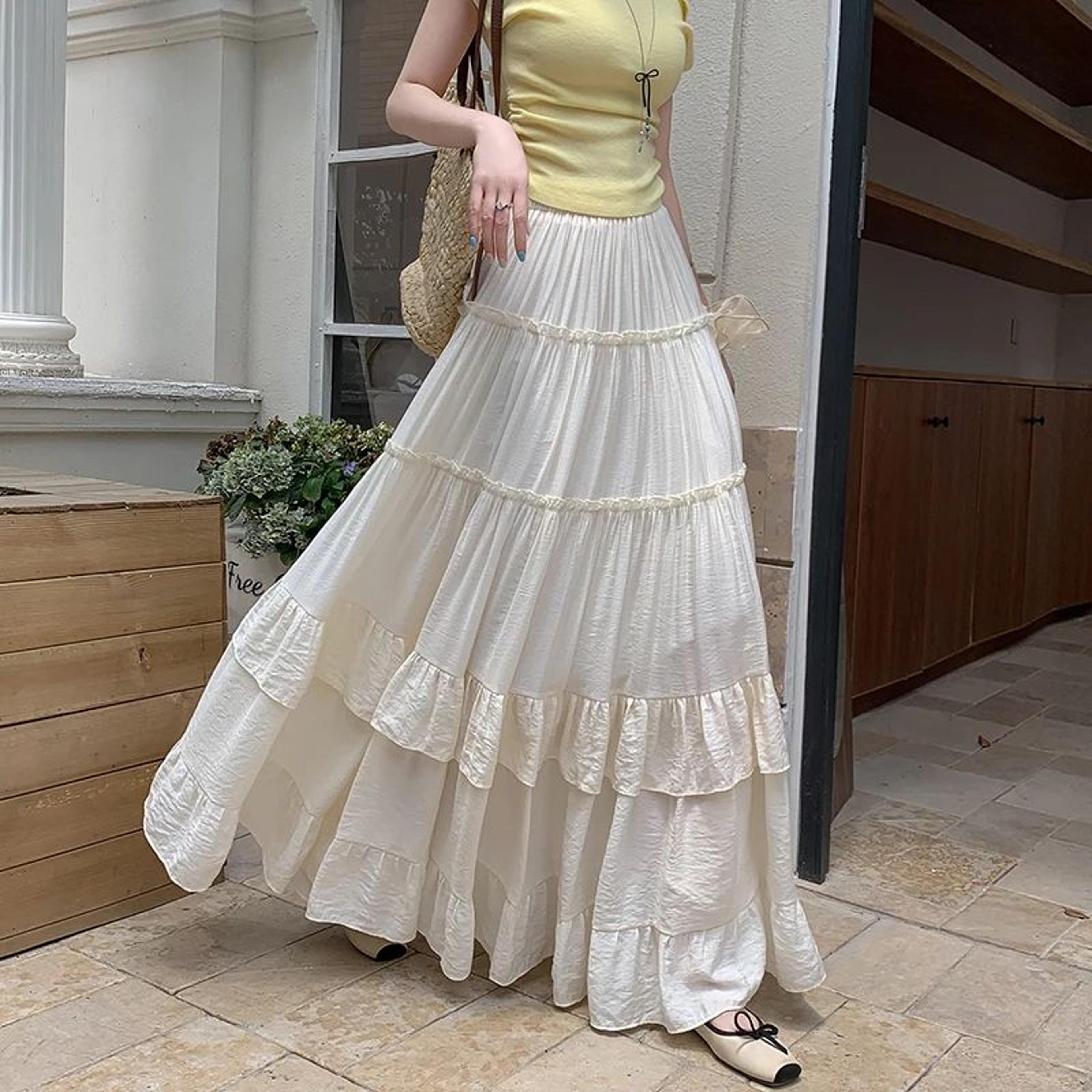Womes High Waist Tiered Ruffle Chiffon Maxi Skirt 6