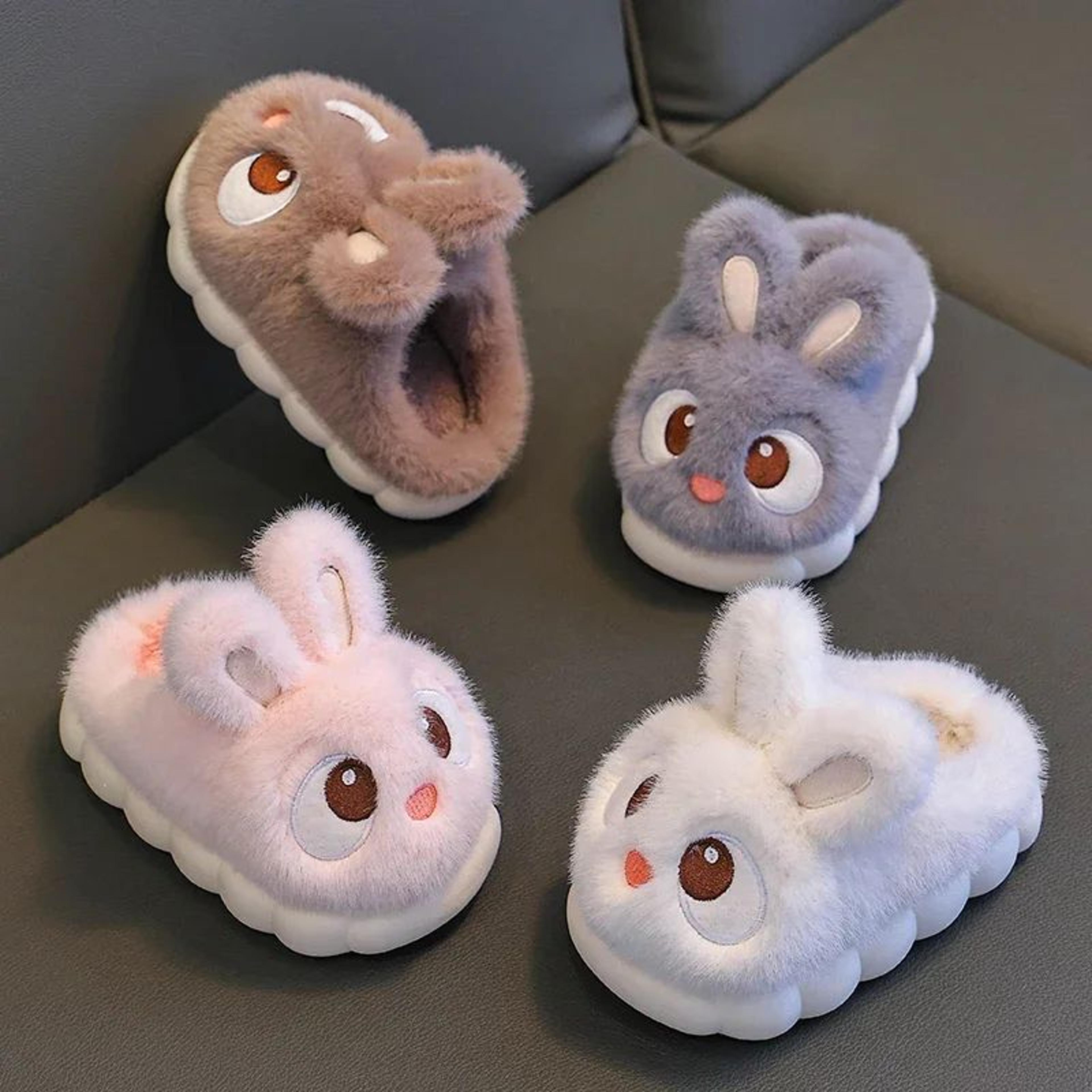 Cute Rabbit Plush Winter Slippers for Kids - Warm Fluffy Indoor House Shoes