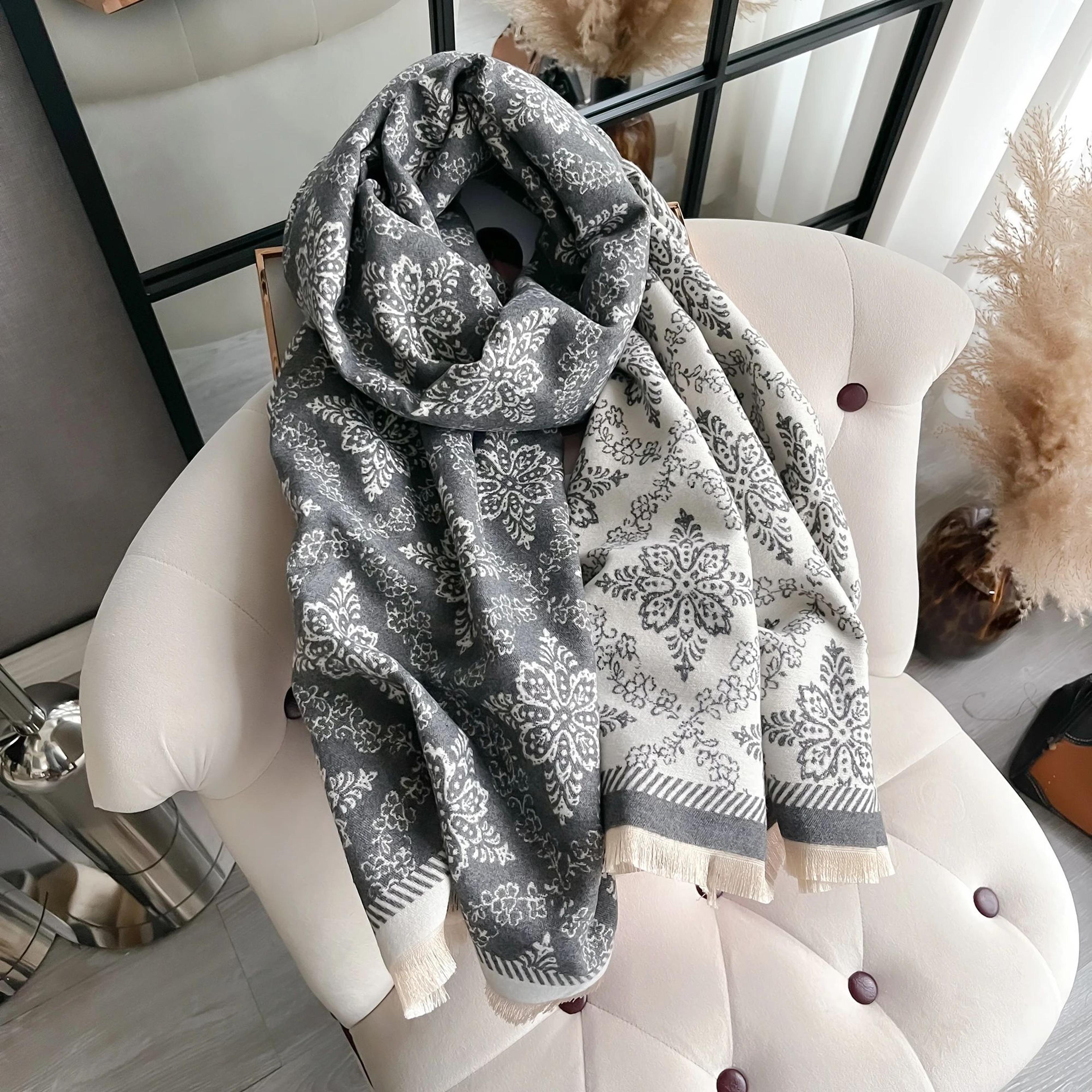 Reversible Ethnic Print Pashmina Shawl Scarf With Soft Warm Fringe Design 1