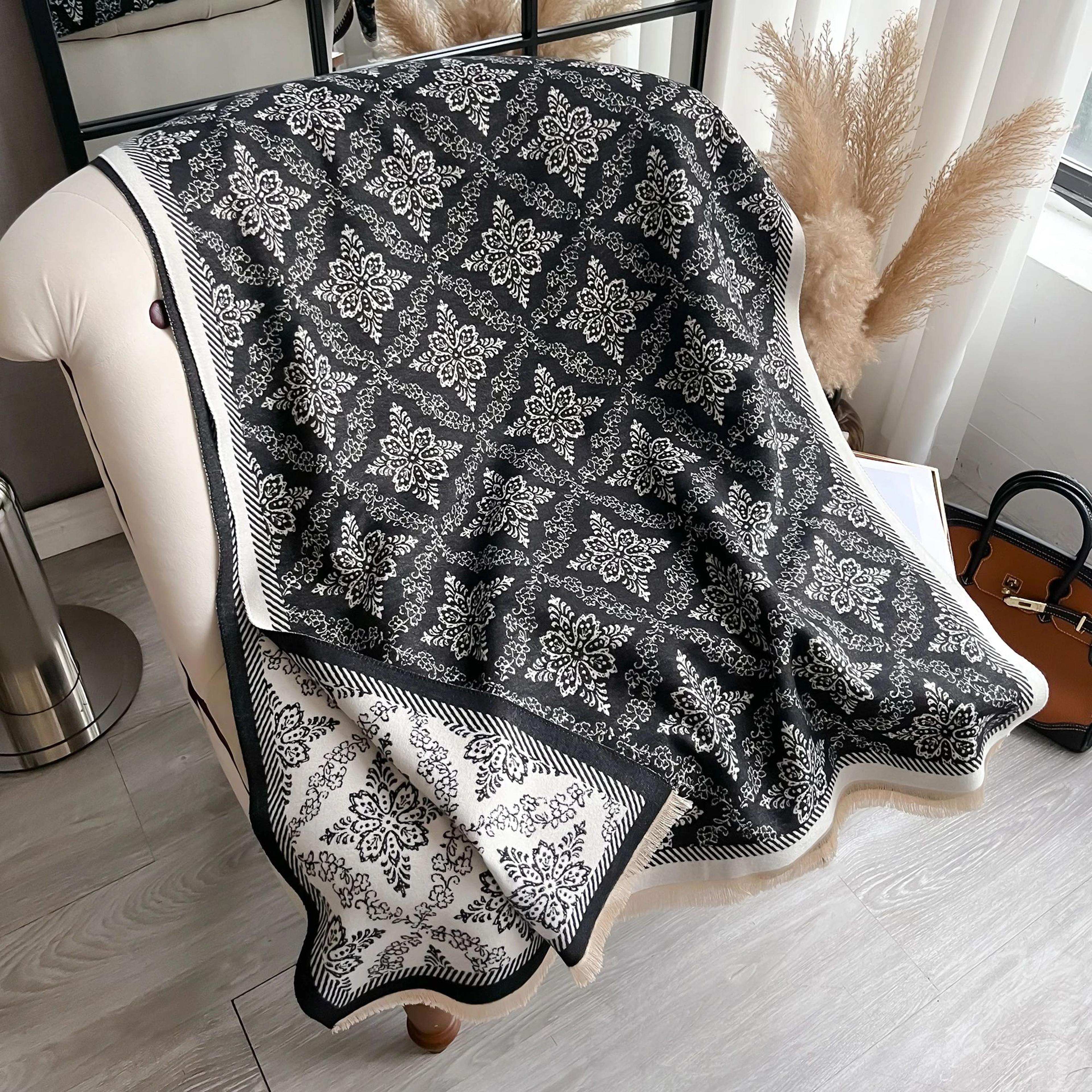 Reversible Ethnic Print Pashmina Shawl Scarf With Soft Warm Fringe Design 5
