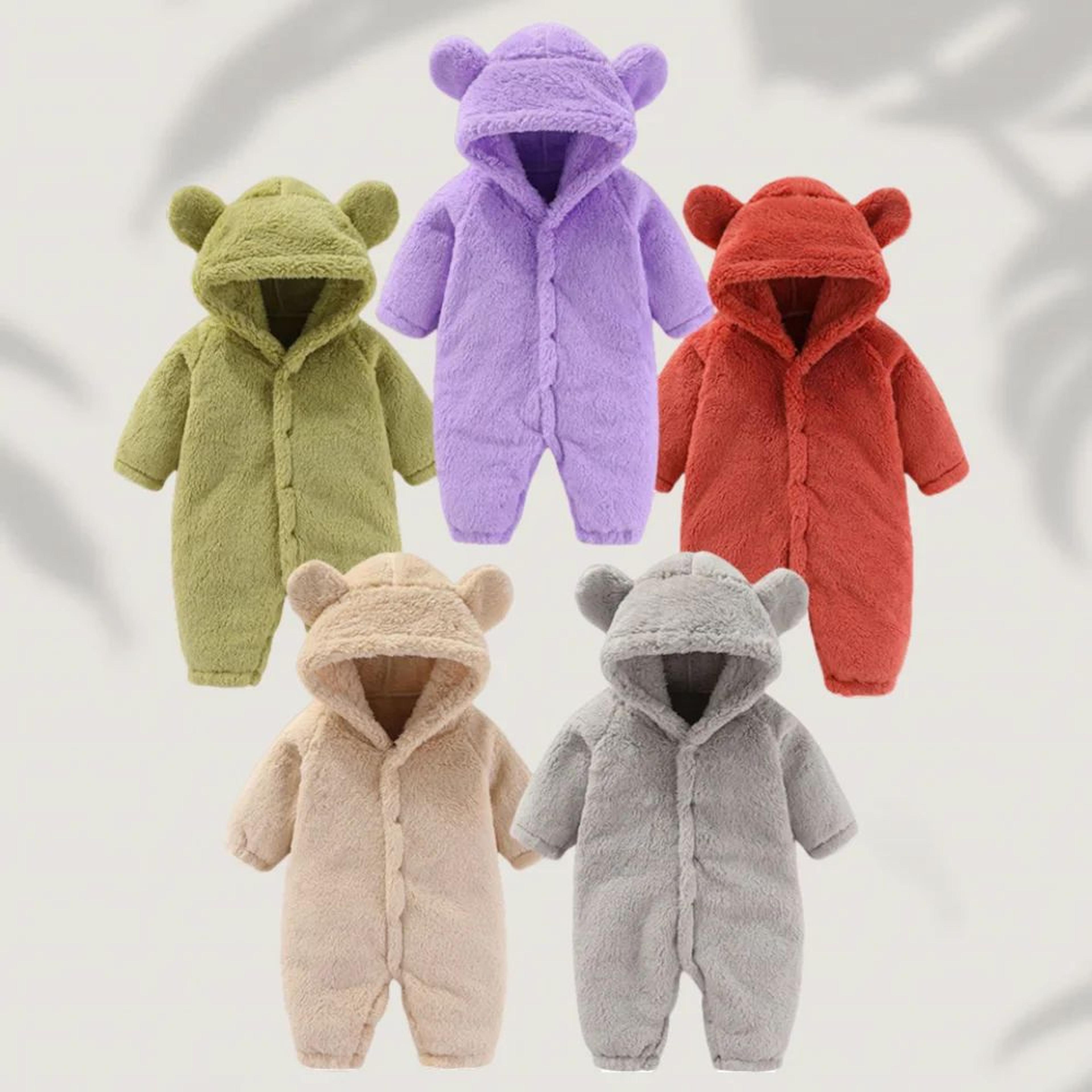cozy fleece bear ear baby romper - warm hooded winter jumpsuit for newborn boys and girls