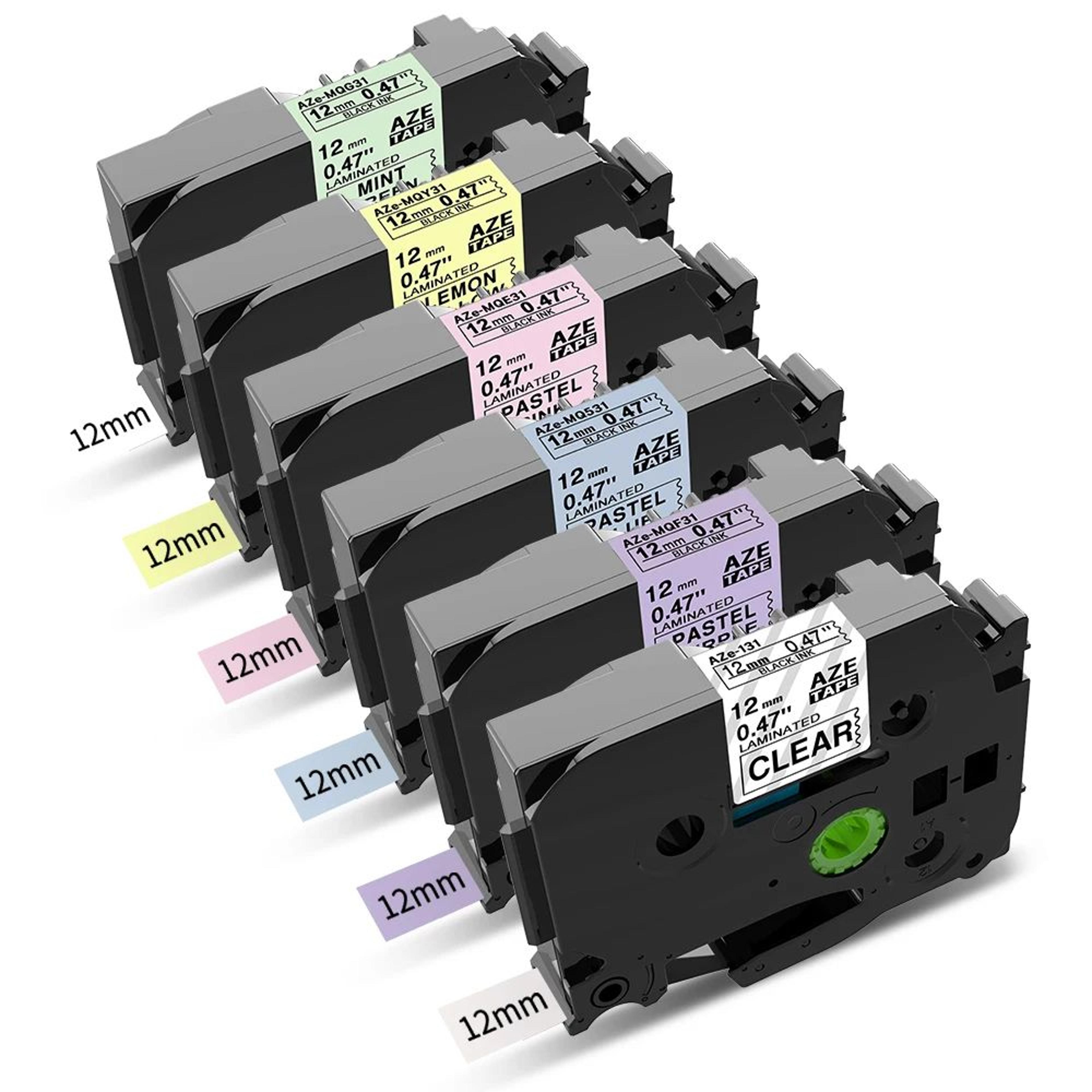 6 pack pastel laminated label tape 12mm x 8m compatible with brother p-touch label makers