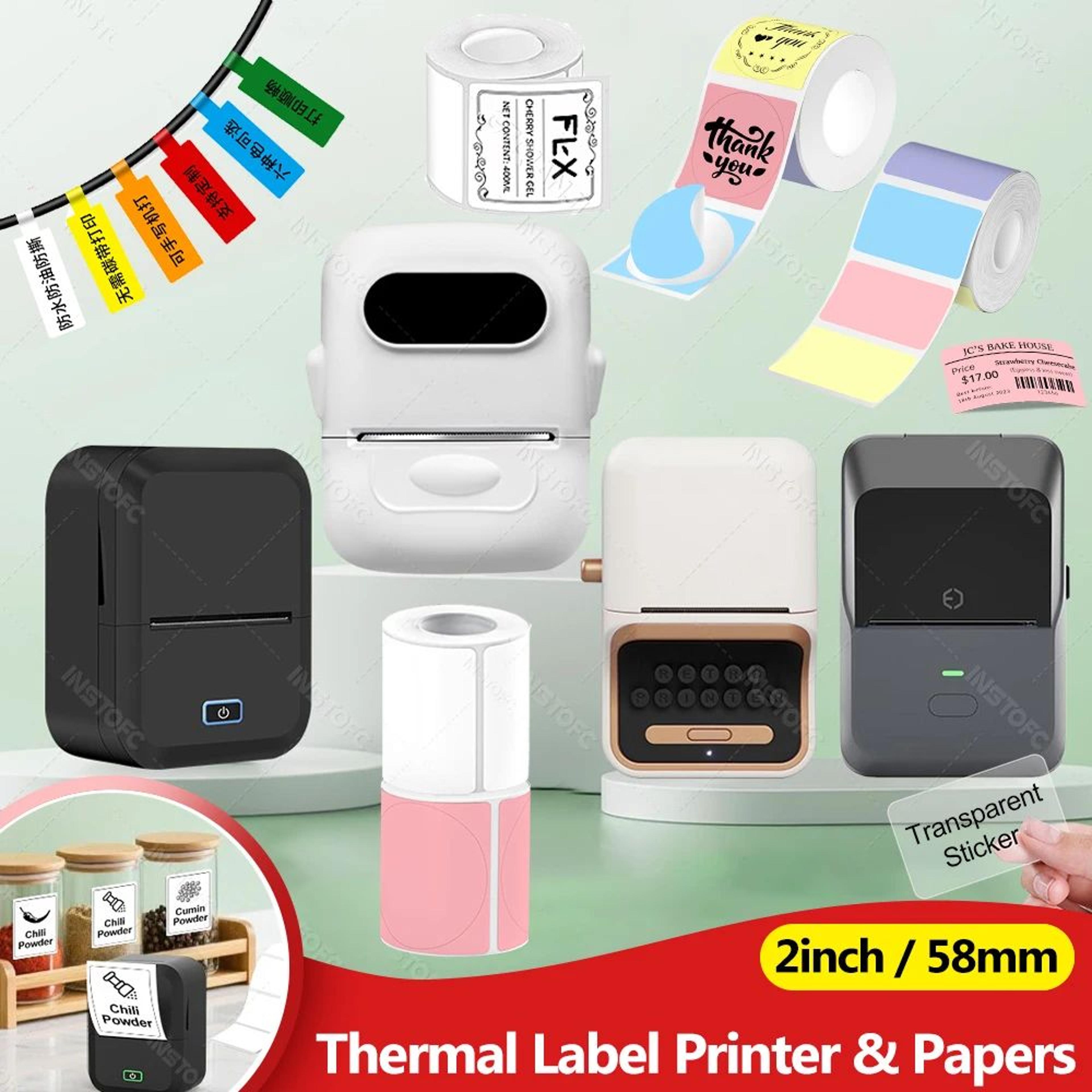 Portable 2 Inch Thermal Label Printer With Round White And Transparent Sticker Labels 0