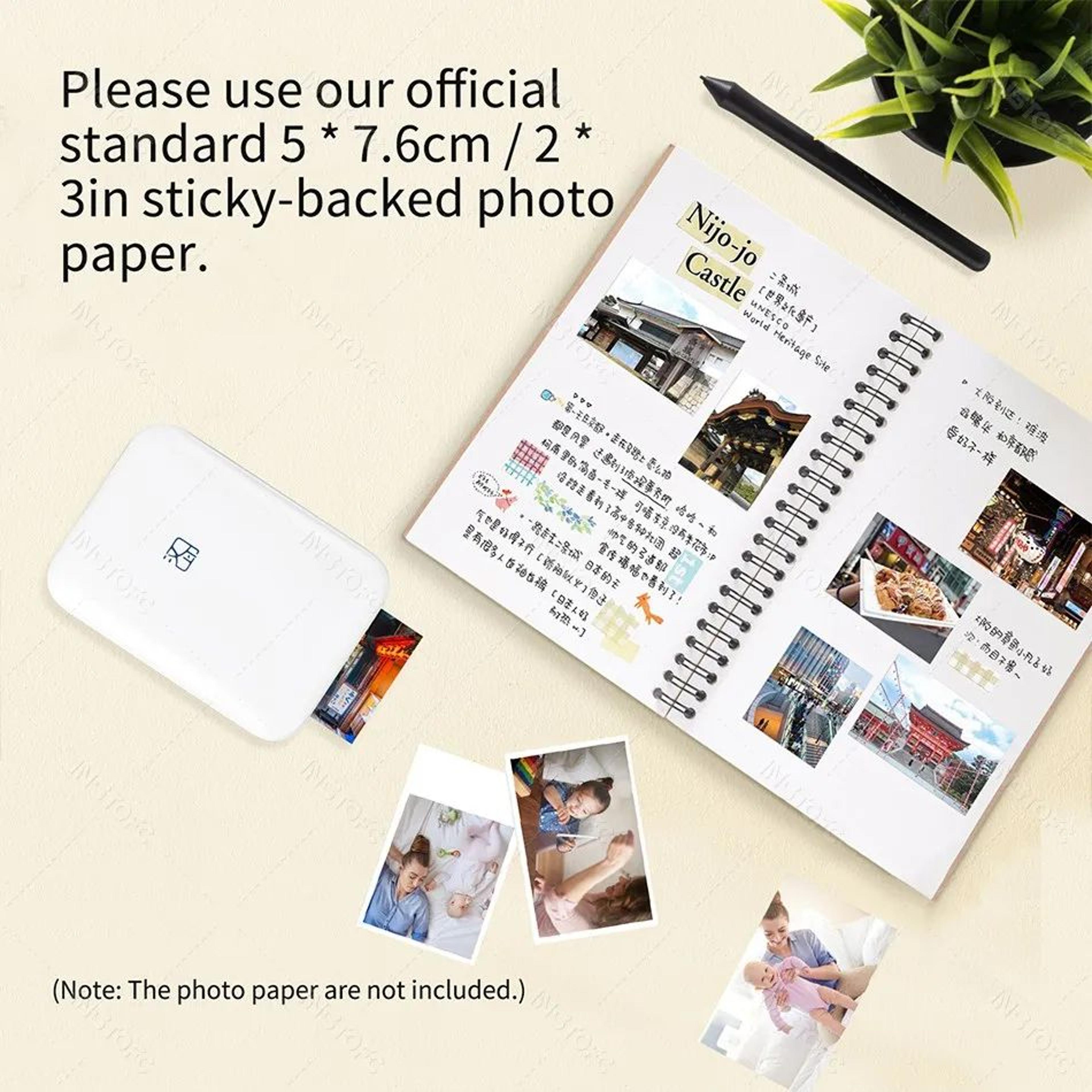 portable 2x3 inch color photo printer with bluetooth and sticky-backed photo paper