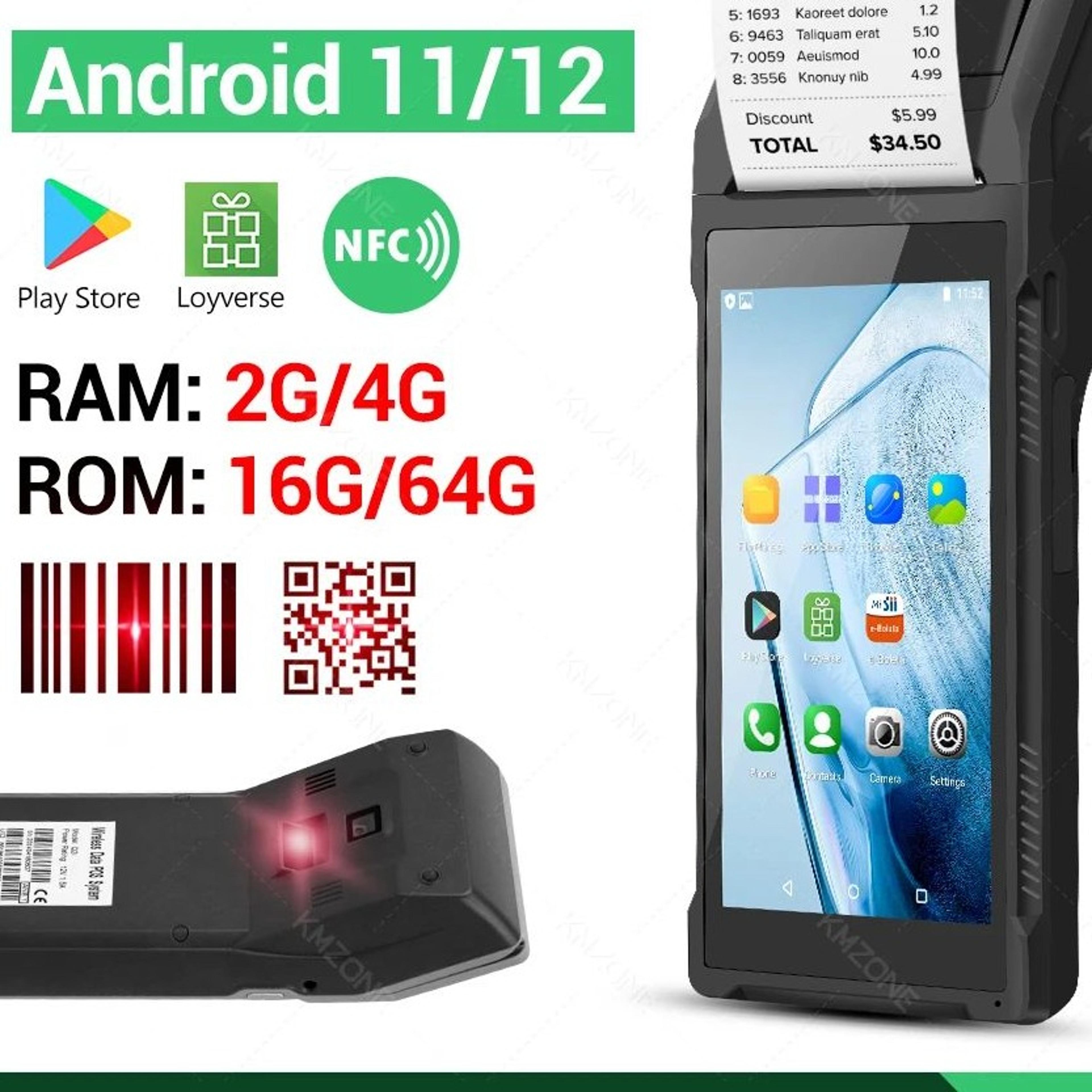 android 11/12 handheld pos terminal with 2d barcode scanner, nfc and 58mm receipt printer