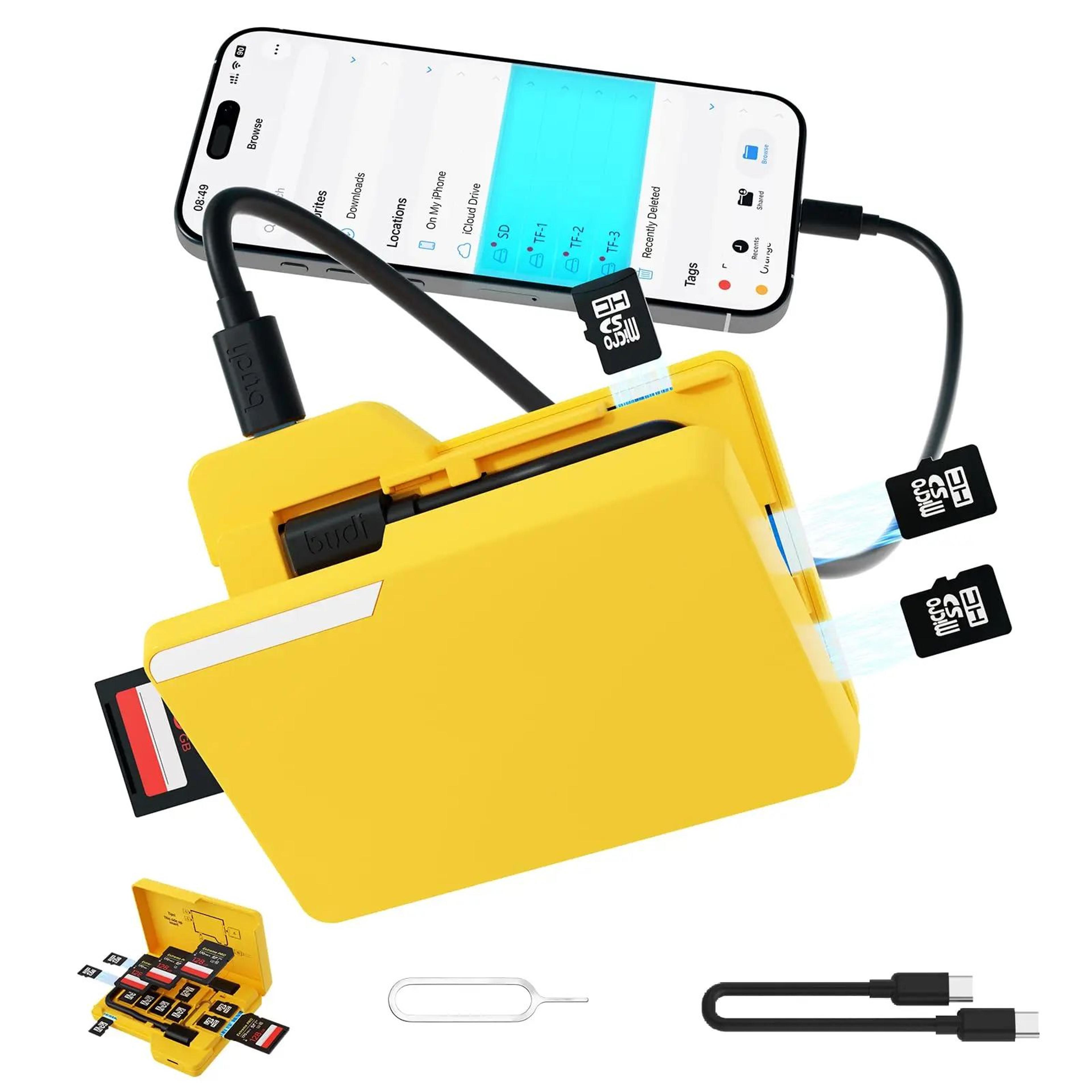 4-card simultaneous sd memory card reader with 15-slot storage case and usb type-c