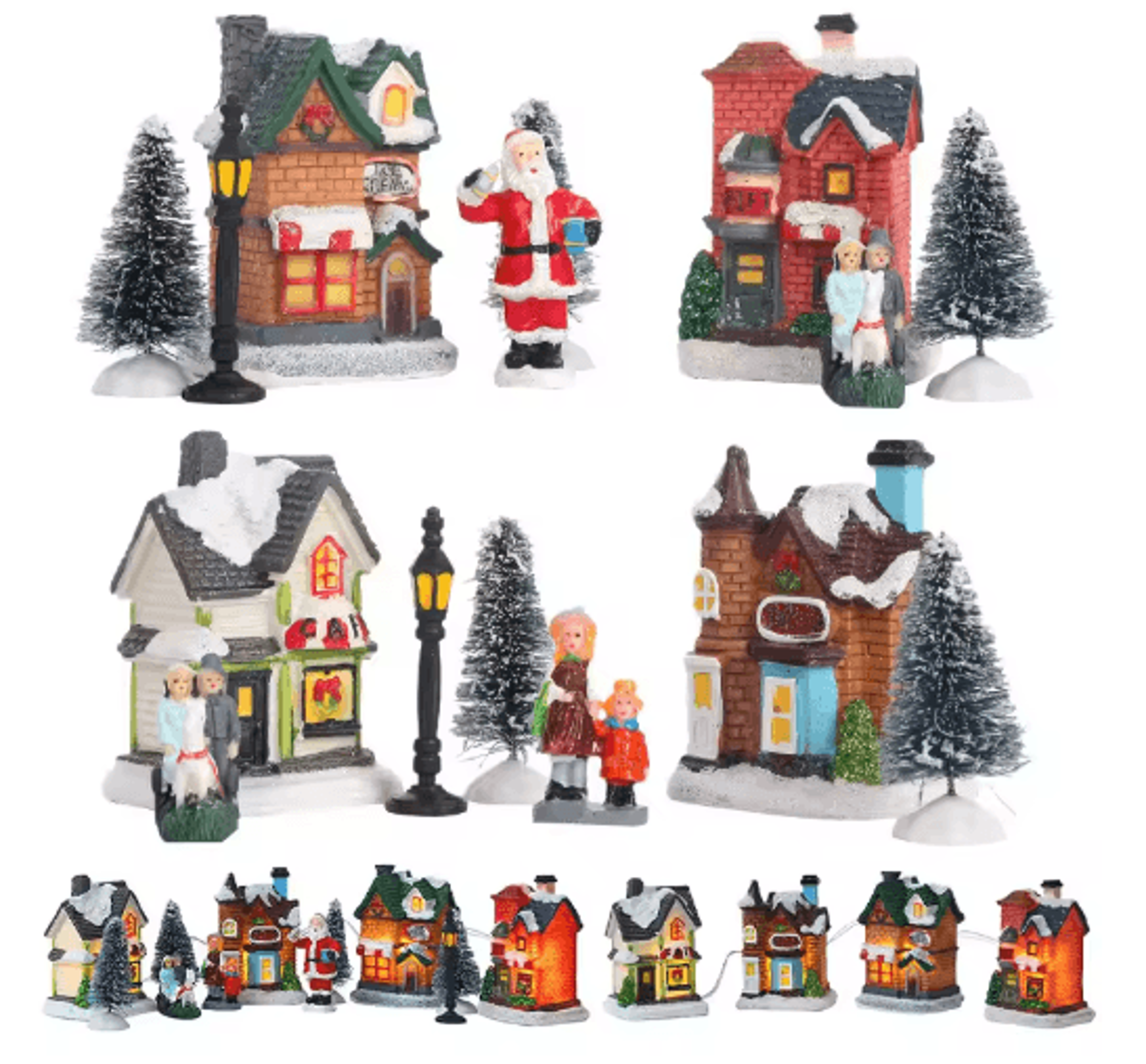 LED Resin Christmas Village Ornament Set Lighted Holiday House With Santa Snow Scene 0