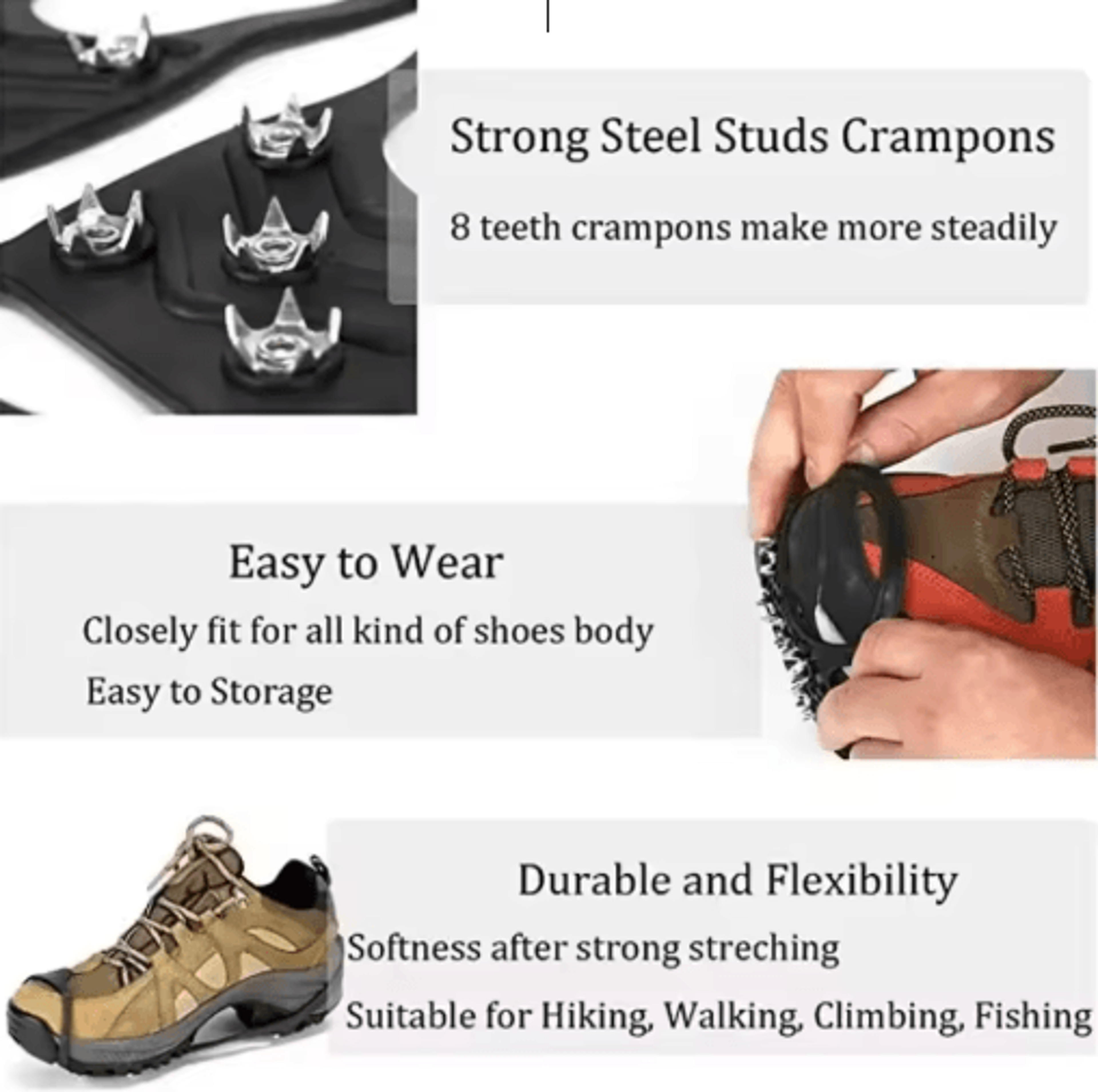 8 Teeth Ice Gripper Spikes Anti Slip Shoe Covers For Winter Hiking Snow Traction 2
