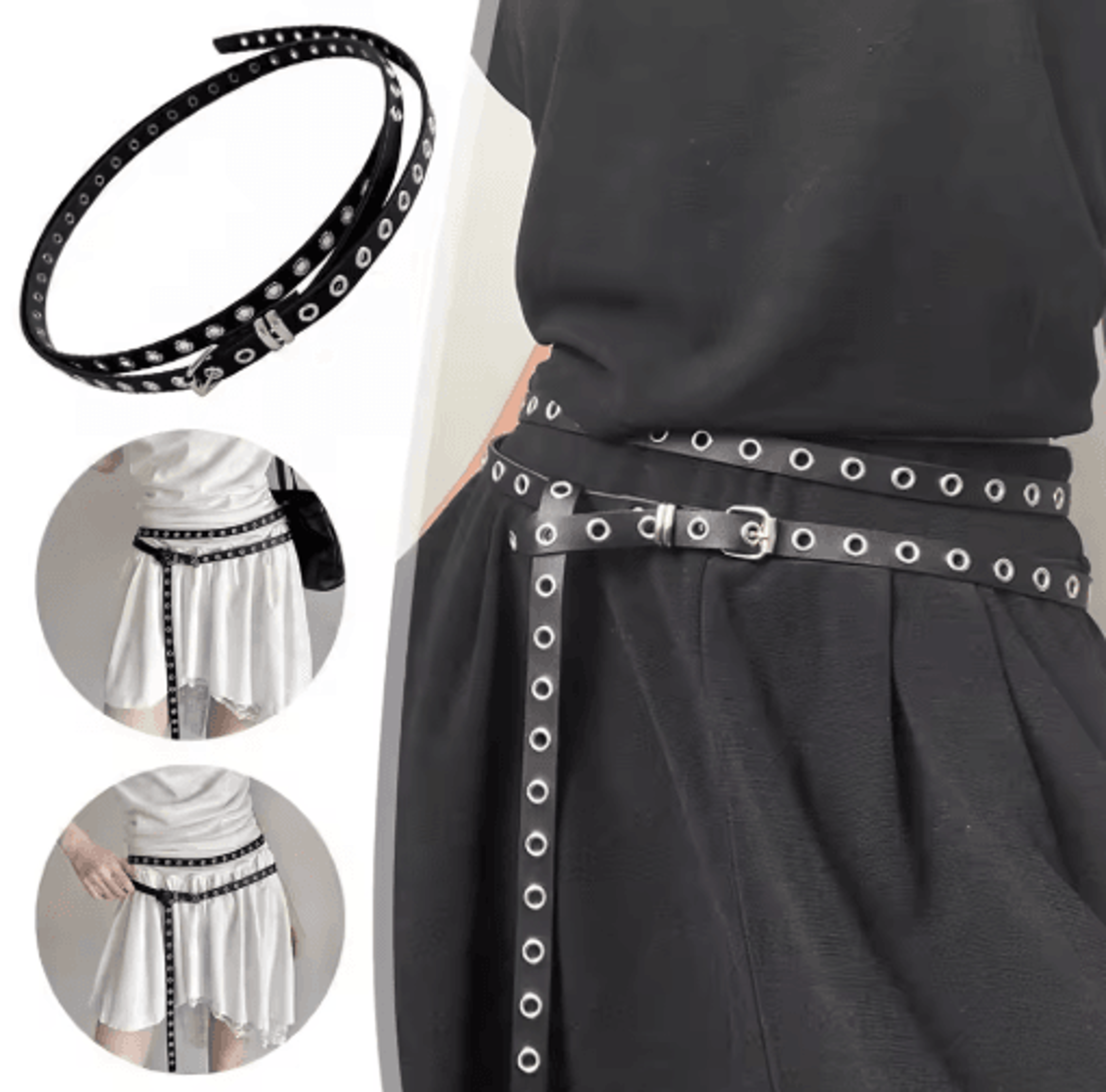 double circle pu leather belt for women thin studded punk waist belt