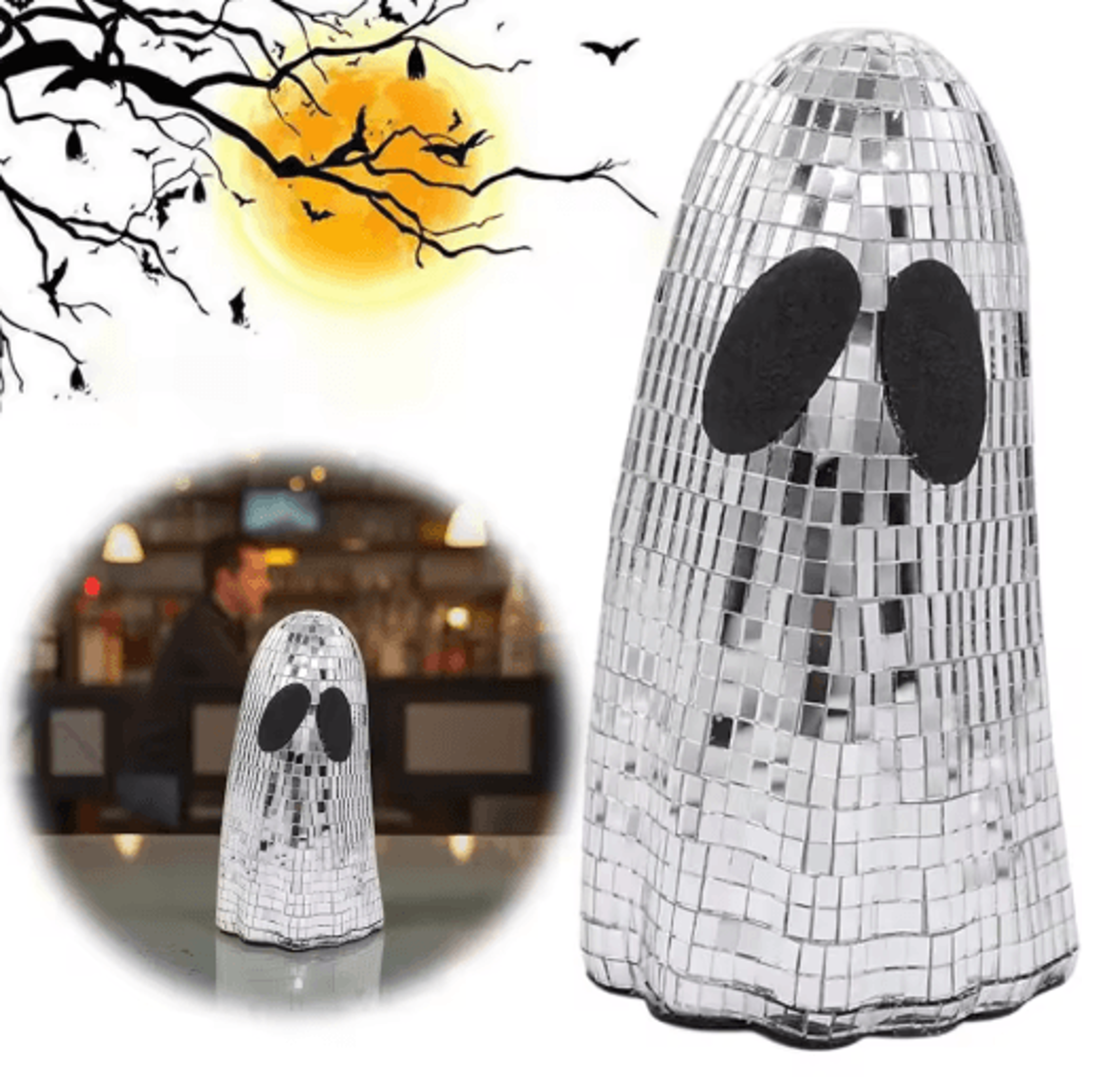 Silver Disco Ghost Halloween Decor Mosaic Mirror Tabletop Ornament For Tiered Trays 3