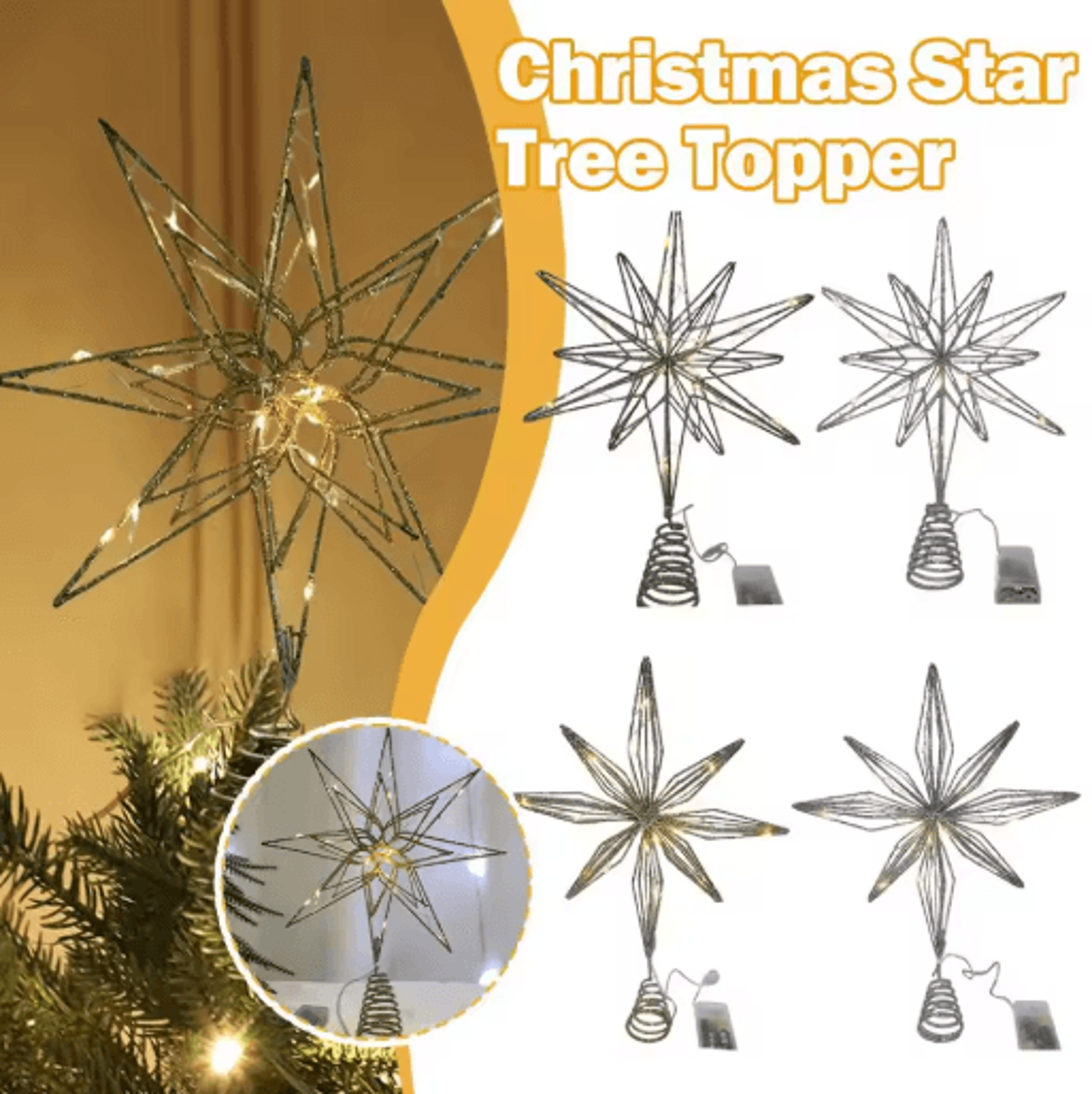 20 Light Christmas Star Tree Topper Pre Lit Multi Pointed Glitter Snowflake Treetop Decor 0