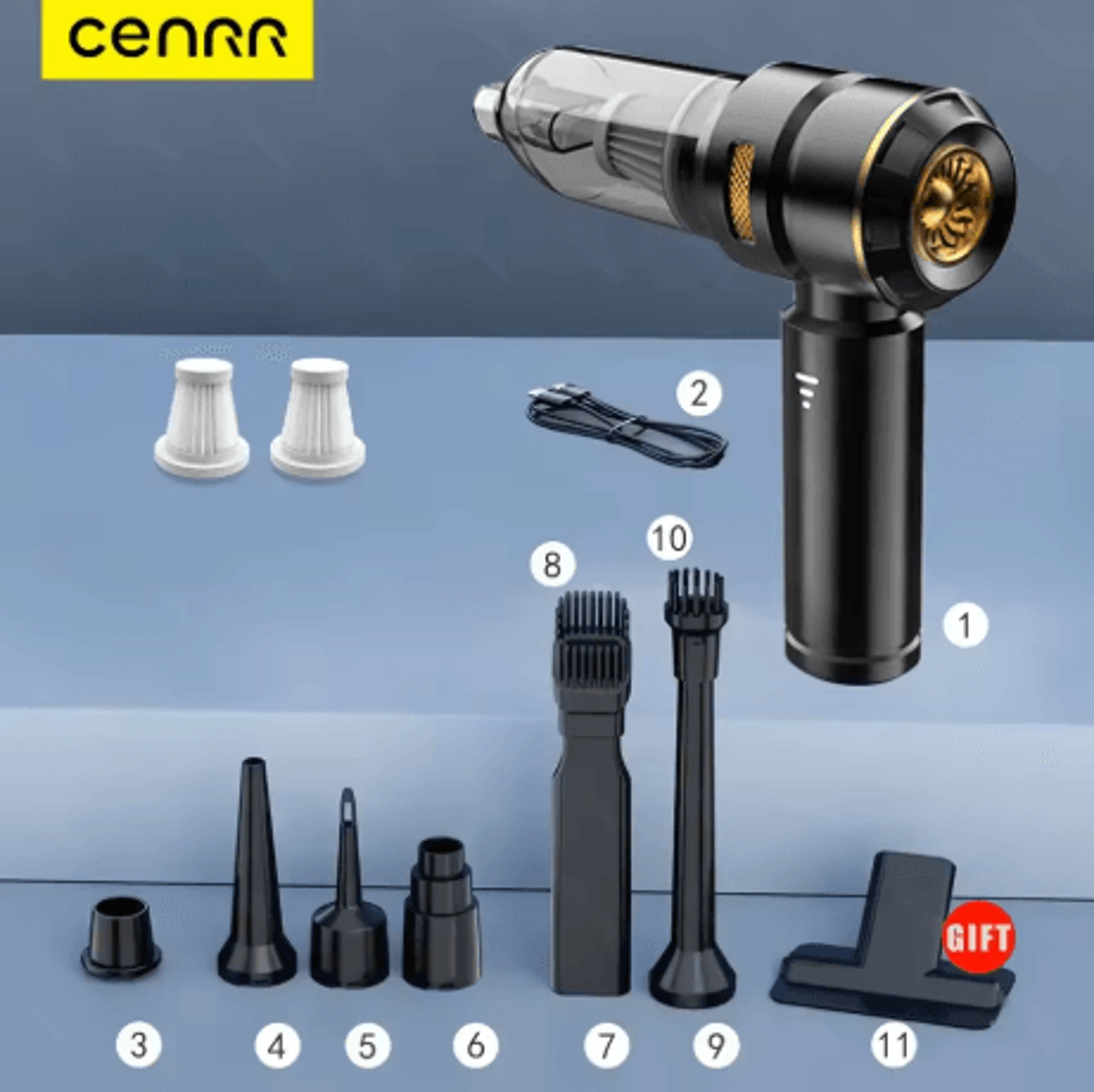 CENRR 998000PA Car Vacuum Cleaner Wireless Handheld Cleaner With Dust Display Lamp  Air Gun 1