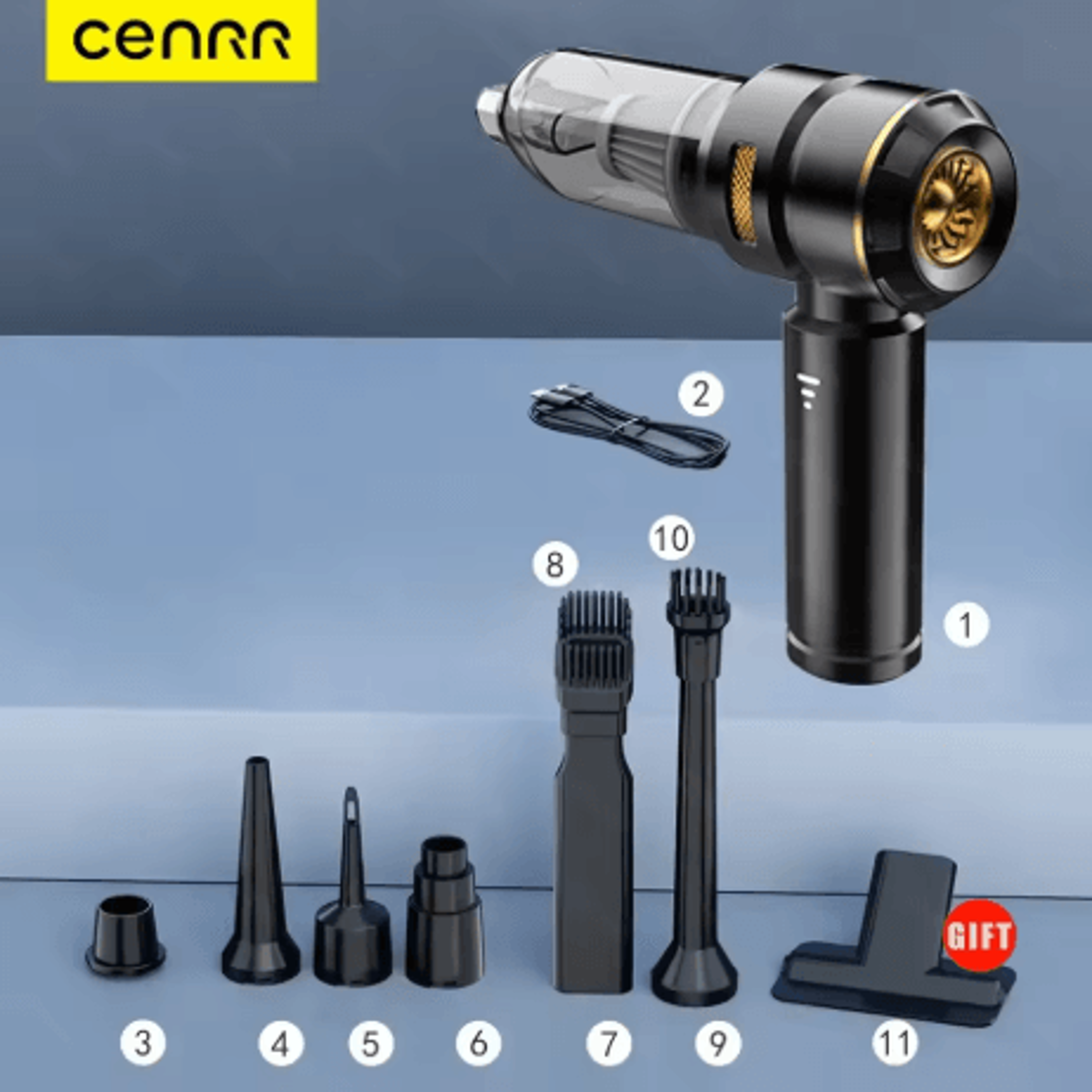 CENRR 998000PA Car Vacuum Cleaner Wireless Handheld Cleaner With Dust Display Lamp  Air Gun 5