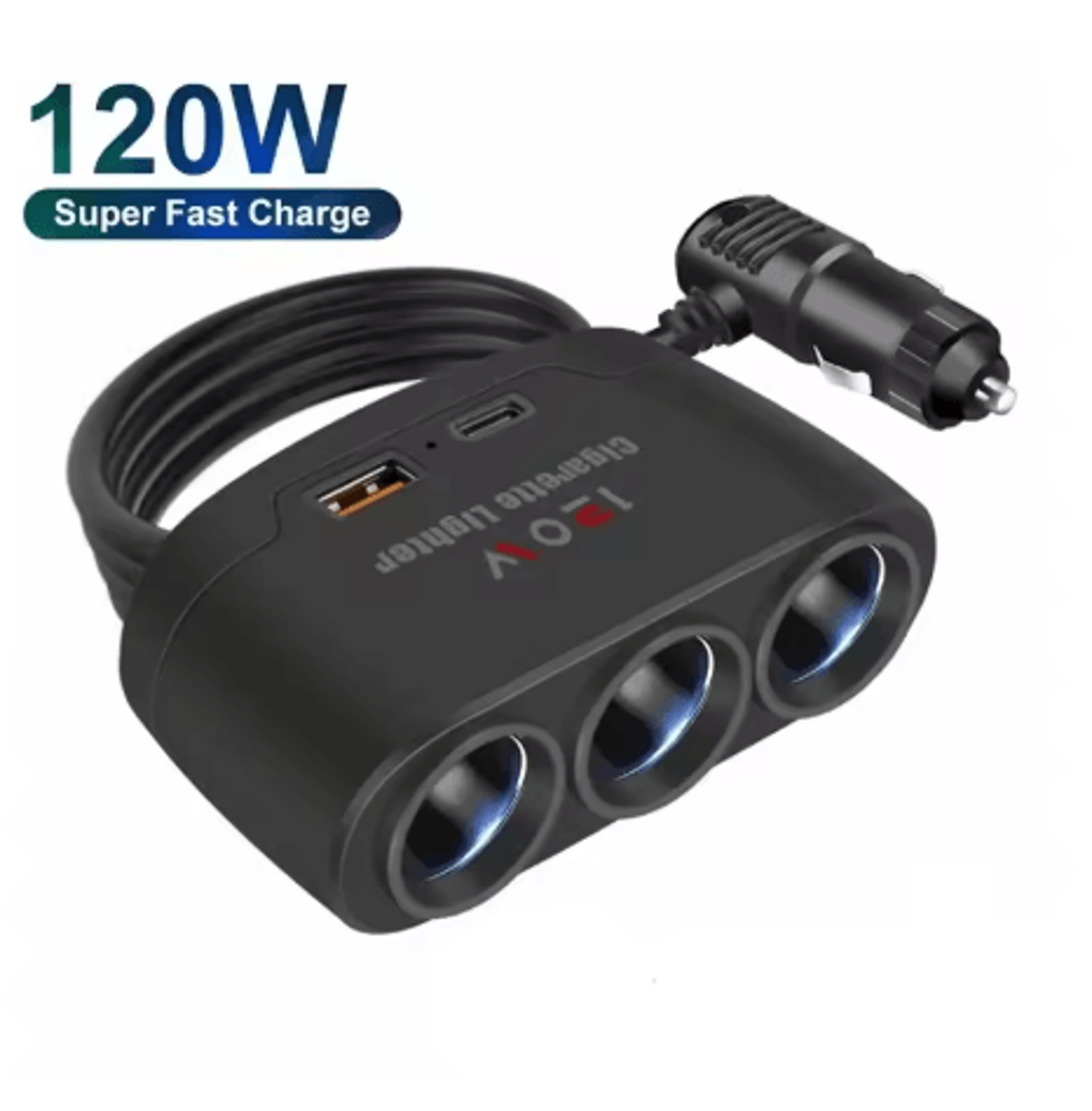3 In 1 Car Cigarette Lighter Splitter Dual USB 120W Fast Charger For 12V24V Vehicles 6