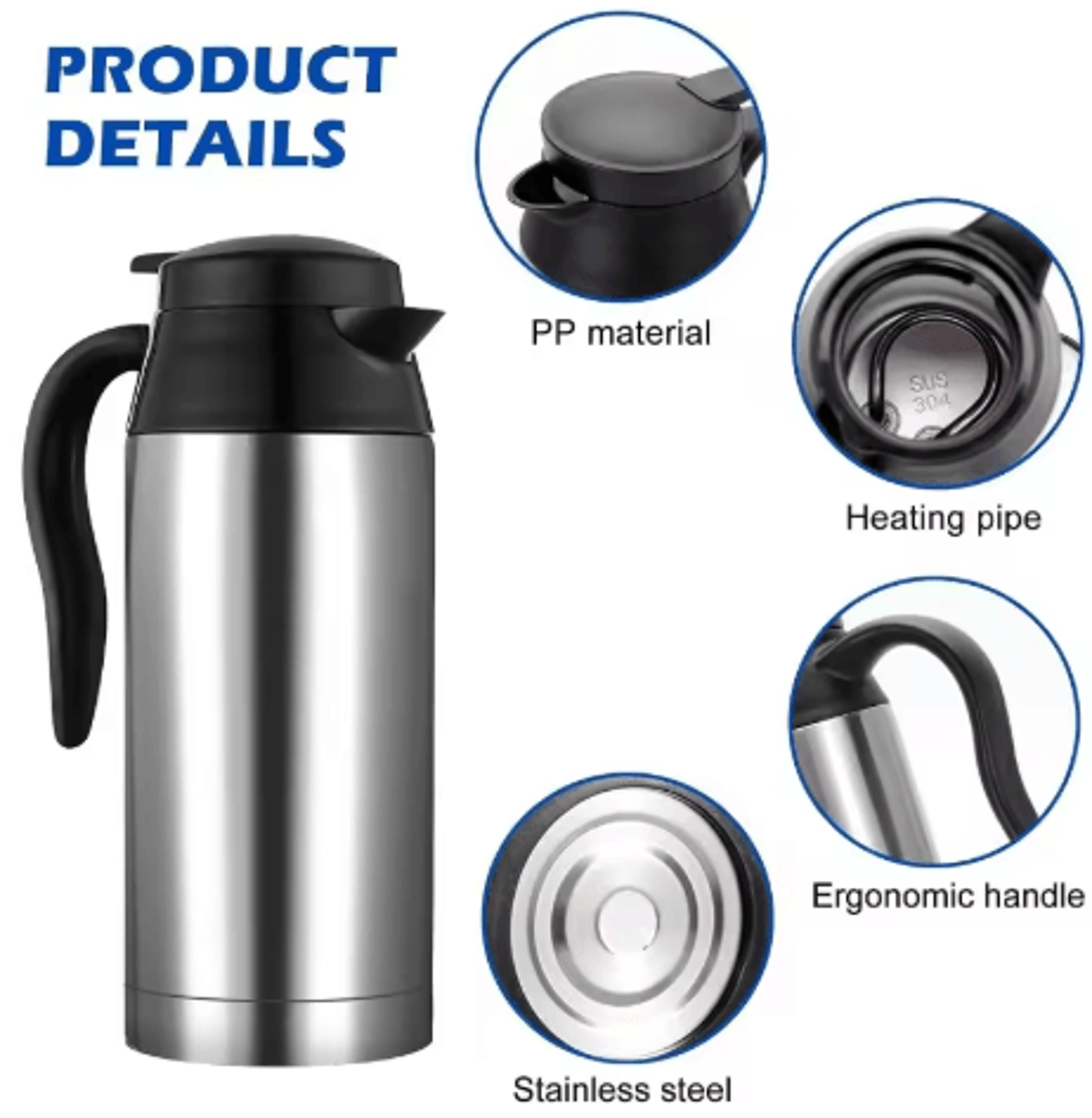 Car Thermos Kettle 750ML 12V 24V Electric Heating Cup Stainless Steel Travel Water Heater 4