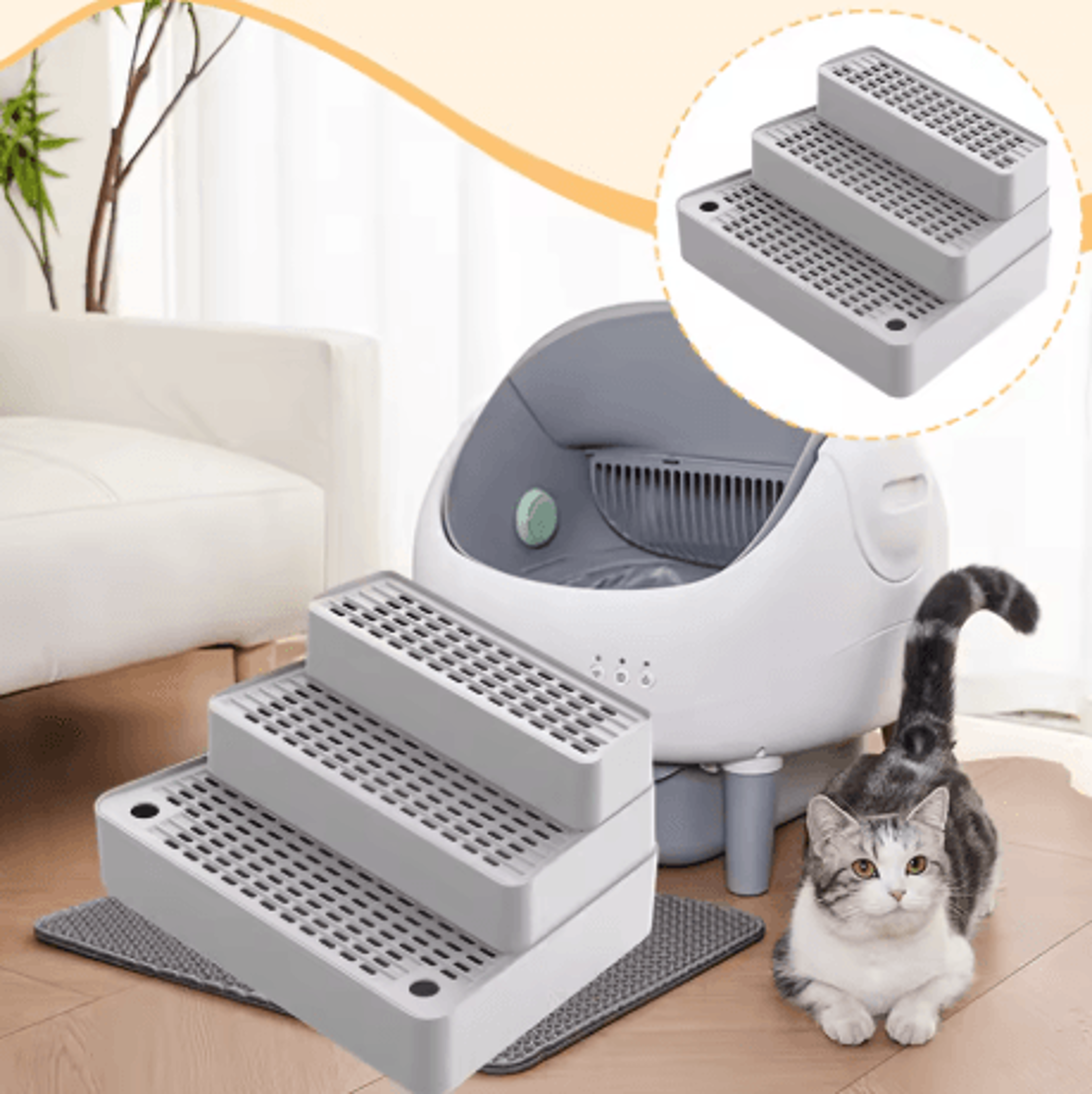 3 step cat litter box ramp non slip feet filter footboard for automatic cat toilets