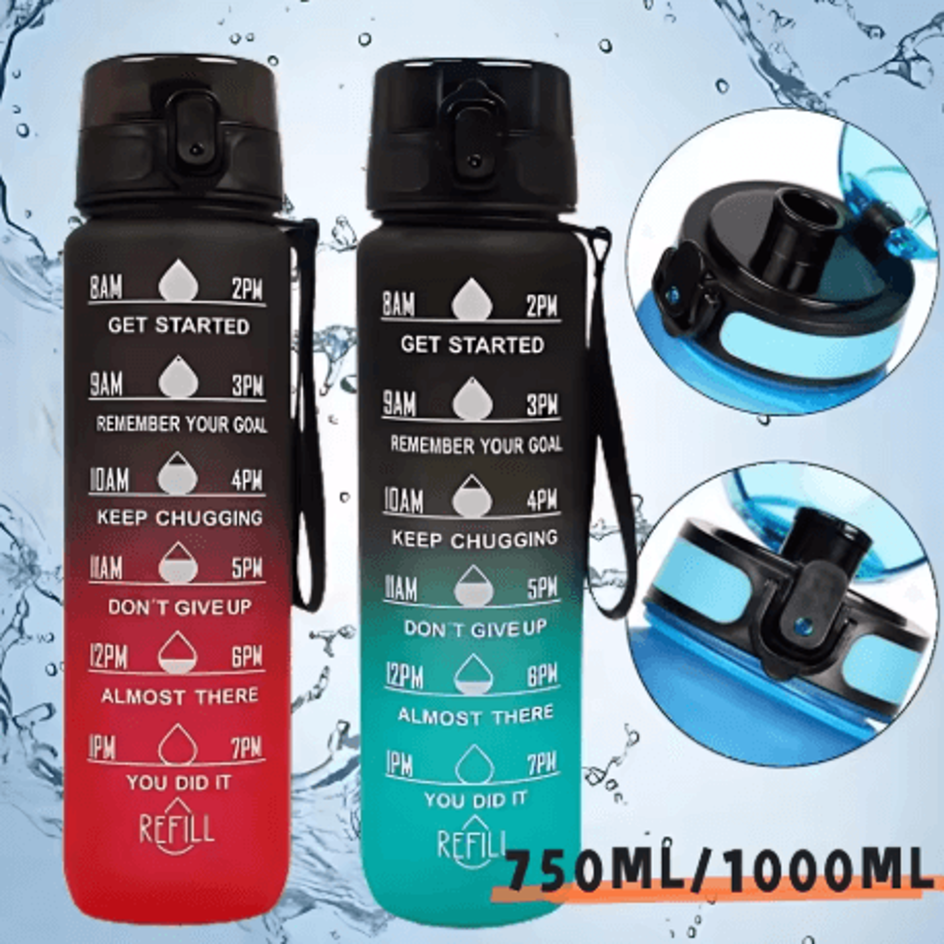 1000ml Gradient Sports Water Bottle With Time Scale BPA Free Large Capacity Gym And Outdoor Bottle  0