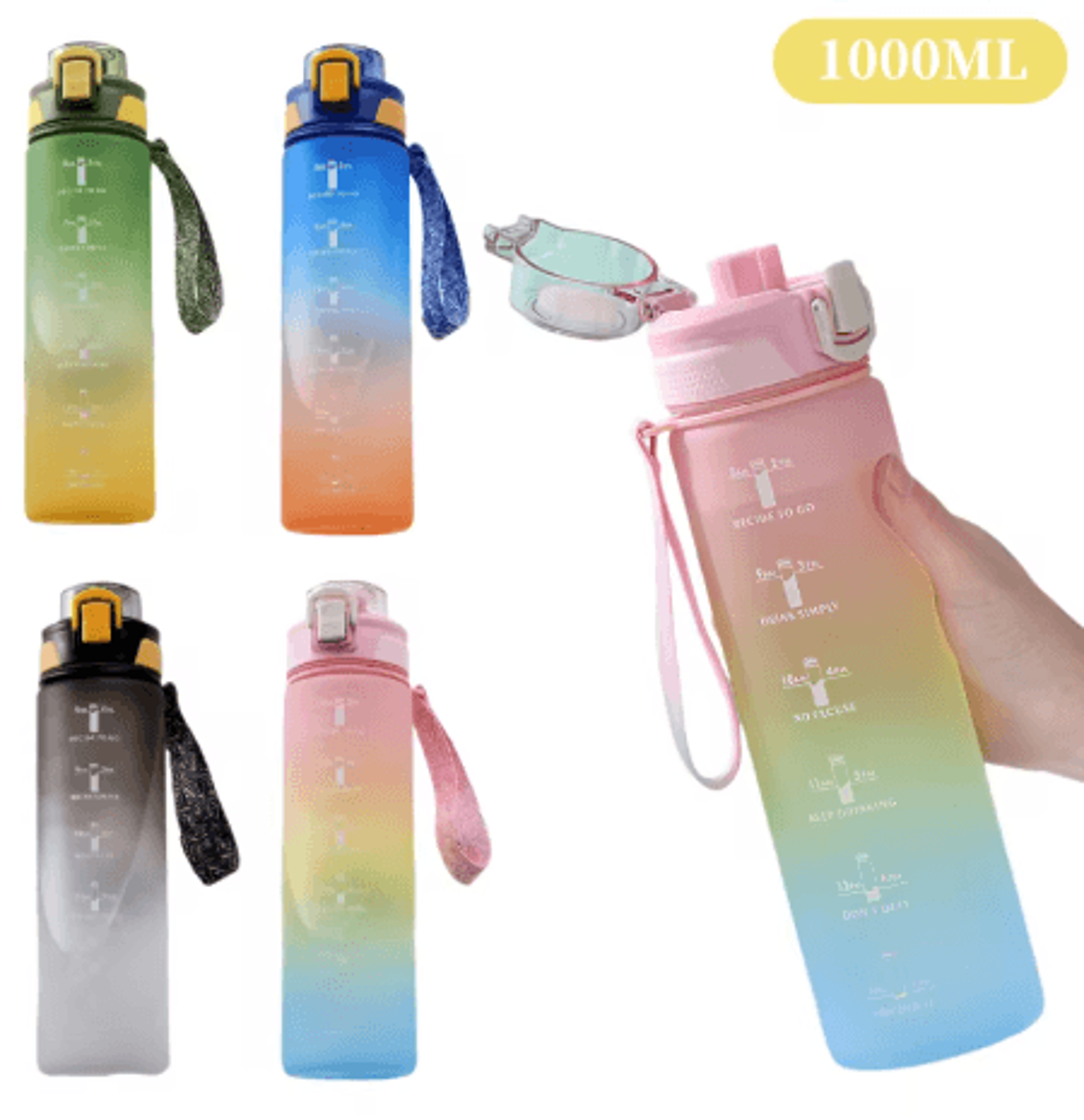 1000ml Gradient Sports Water Bottle Leak Proof Hydration Bottle With Time Marker And Hand Strap 0