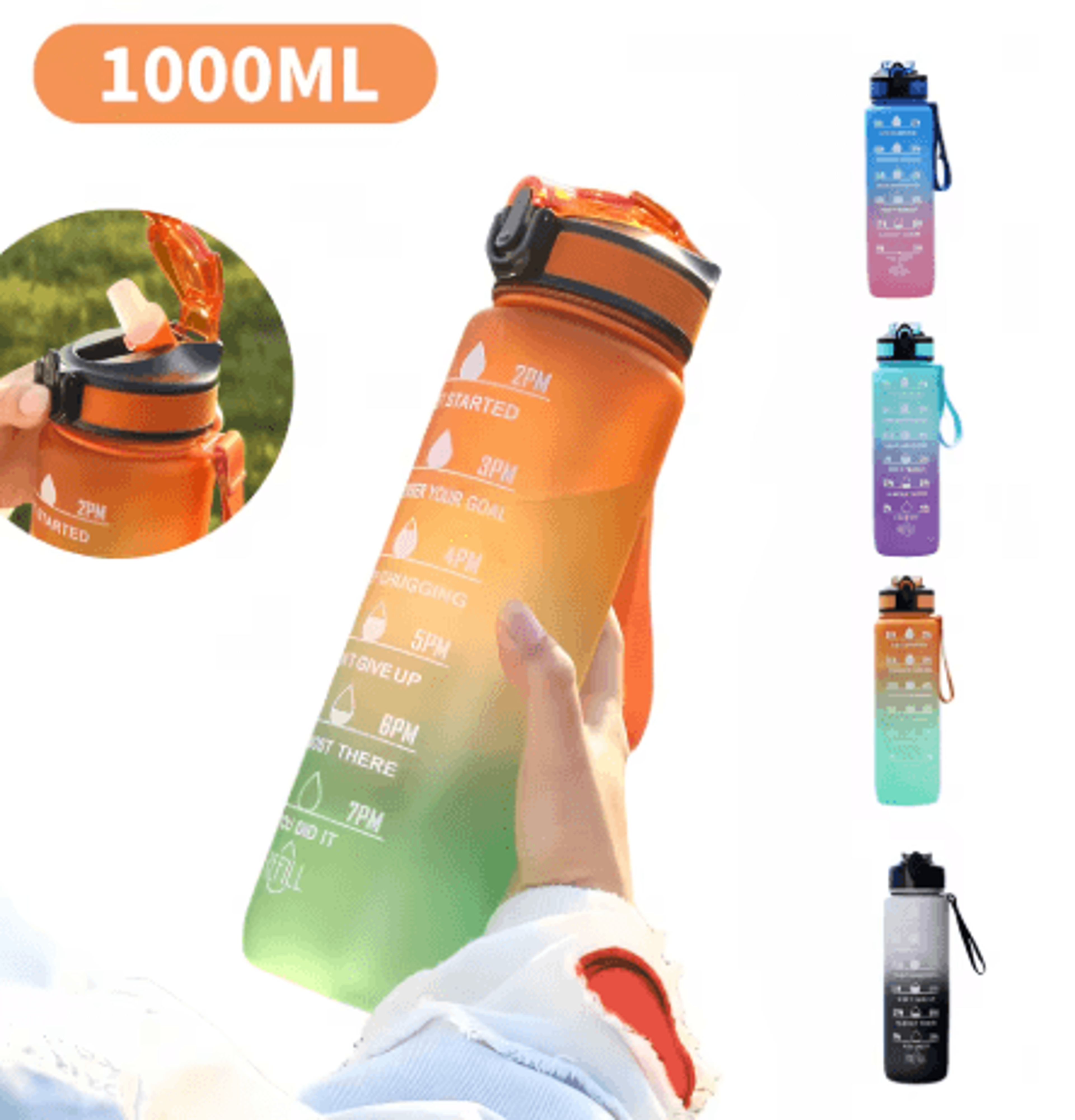 1000ml Gradient Motivational Sports Water Bottle Leak Proof Bottle With Bouncing Suction Nozzle For 0