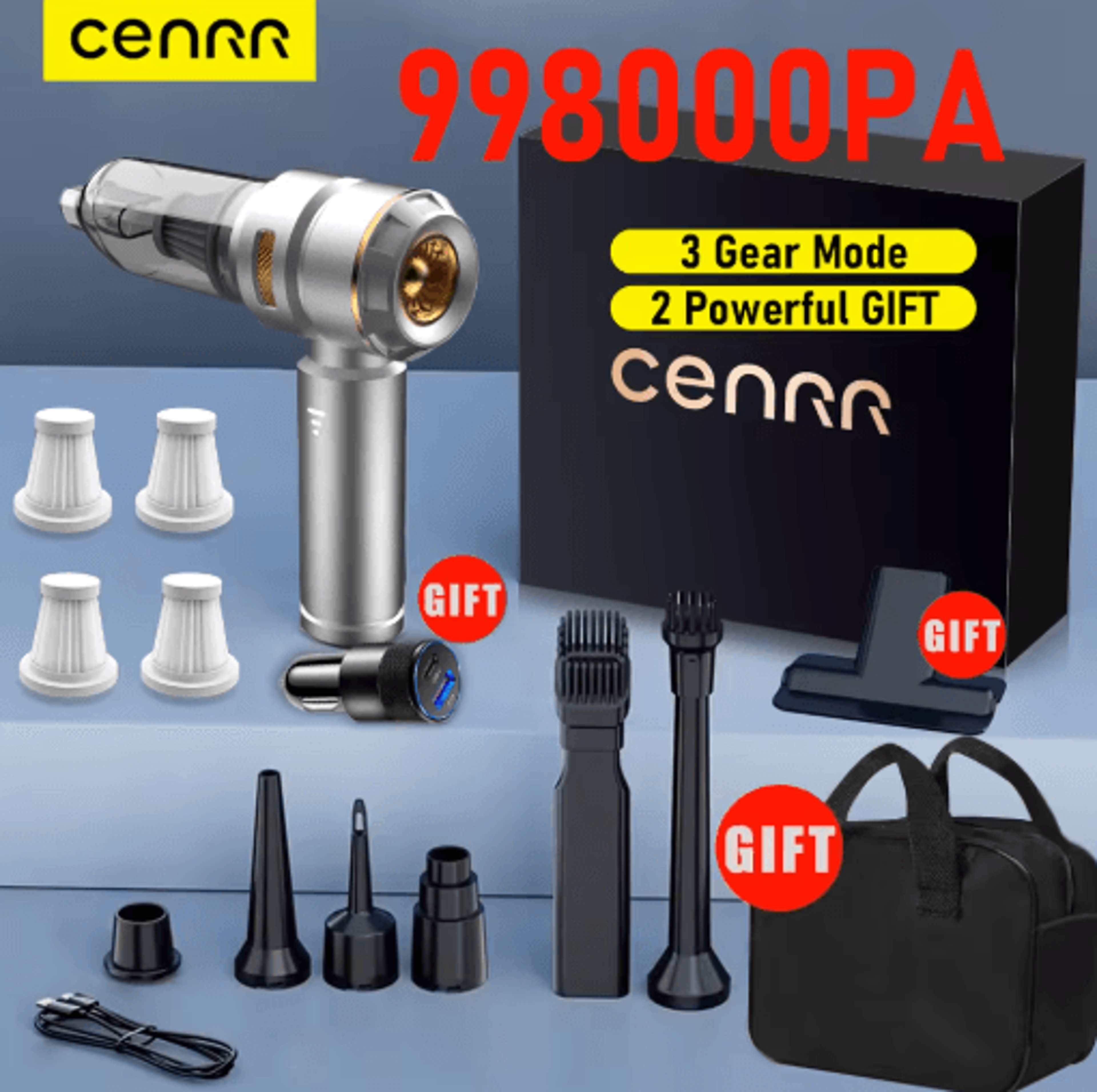 CENRR 998000PA Cordless Car Vacuum Cleaner Handheld Wireless Vacuum With Dust Display Lamp And Air  11
