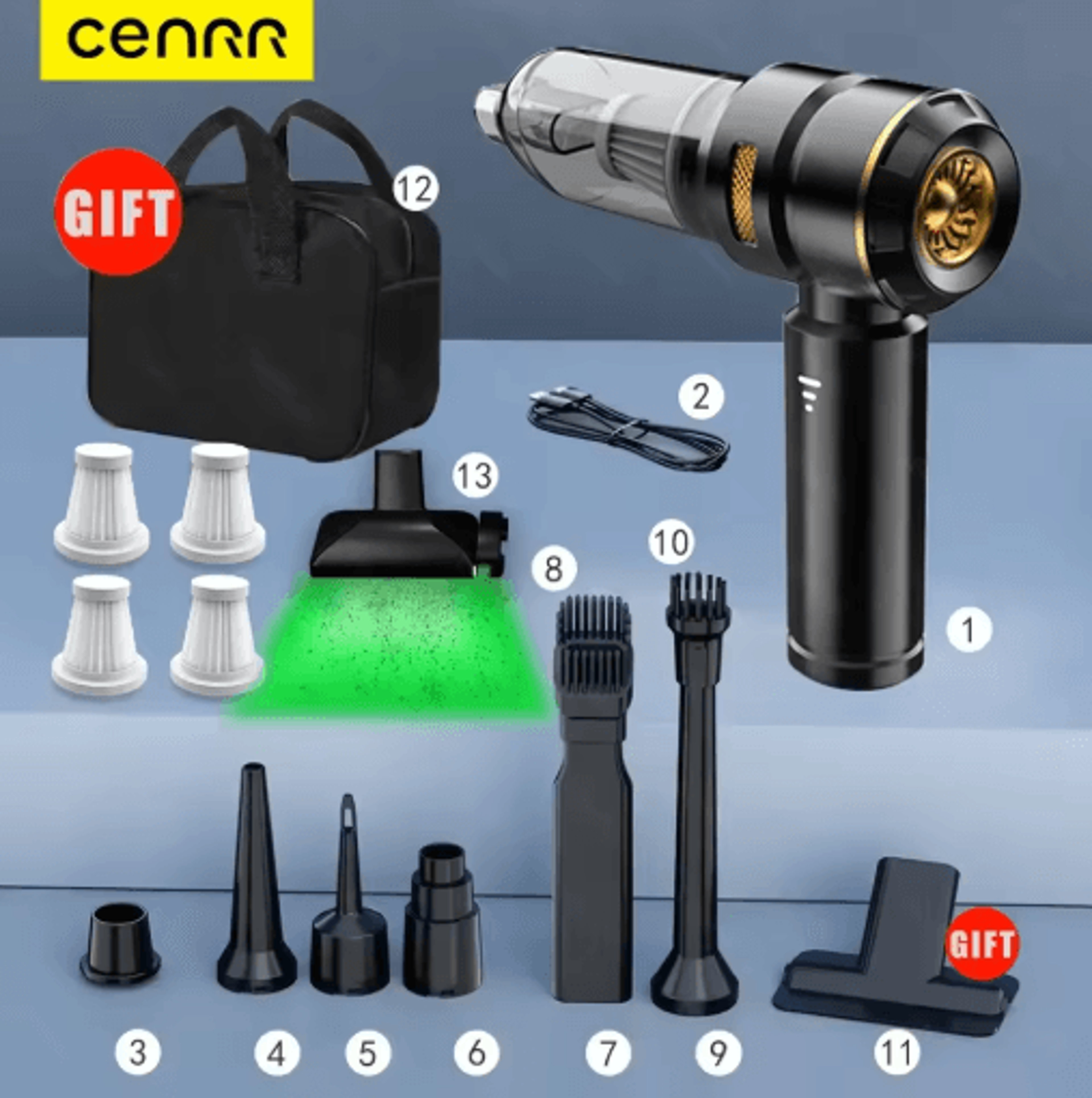 CENRR 998000PA Cordless Car Vacuum Cleaner Handheld Wireless Vacuum With Dust Display Lamp And Air  1