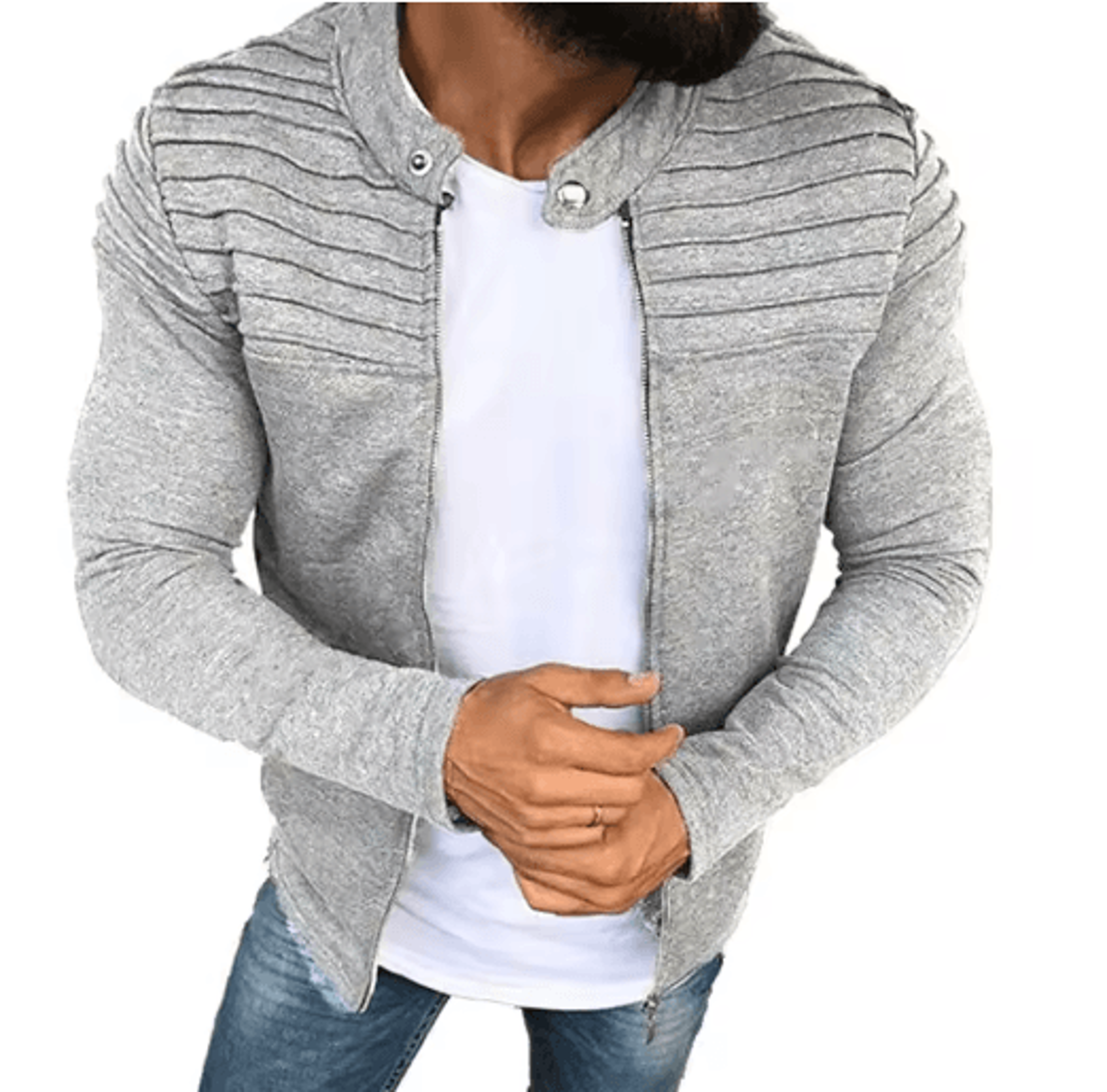 Mens Autumn Sports Casual Jacket Slim Fit Pleated Stripe Zip Up Cardigan Coat 4