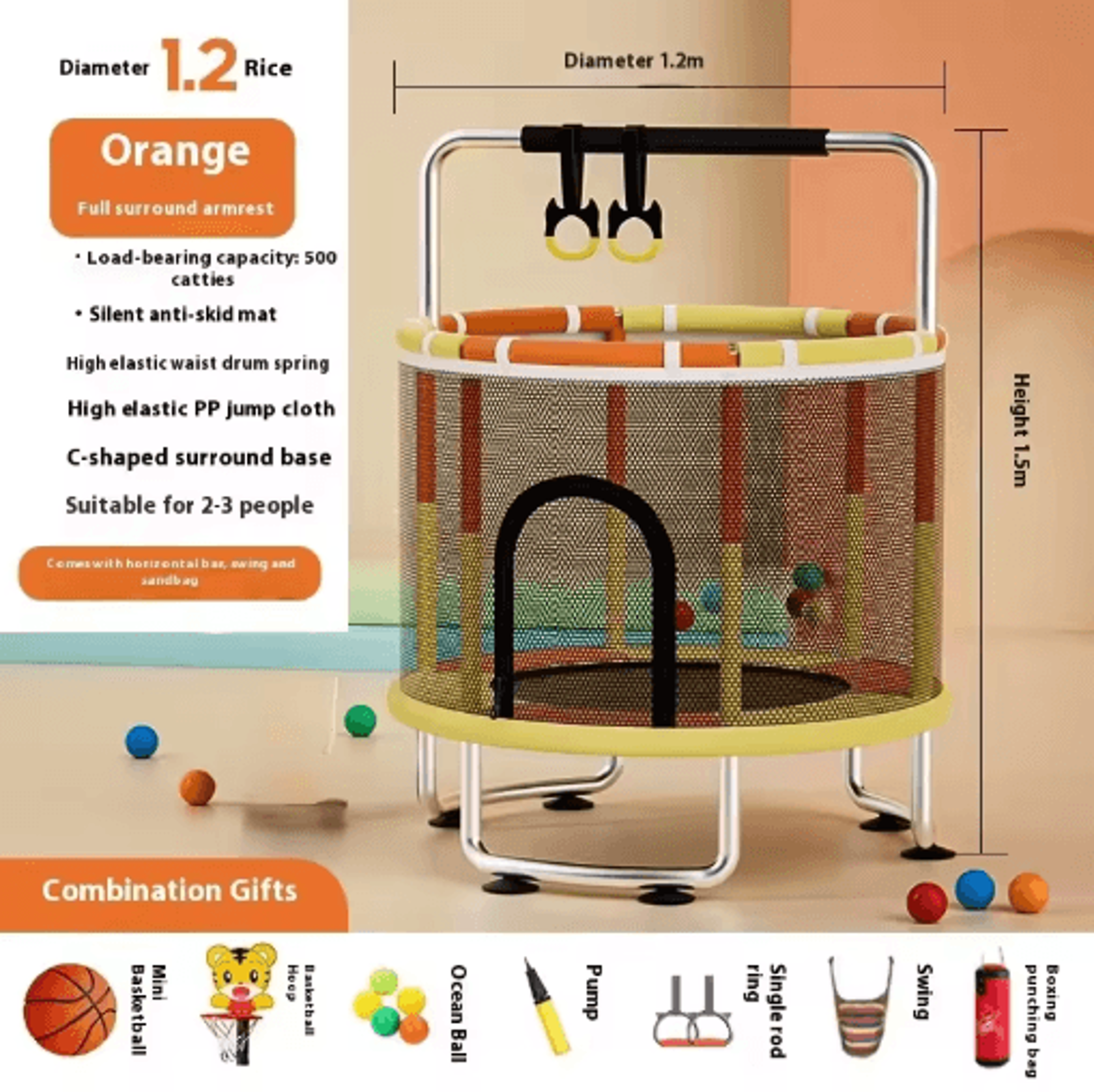 Kids Indoor Bouncy Trampoline Baby Fitness Jumper With Safety Net And Thick Steel Frame 1