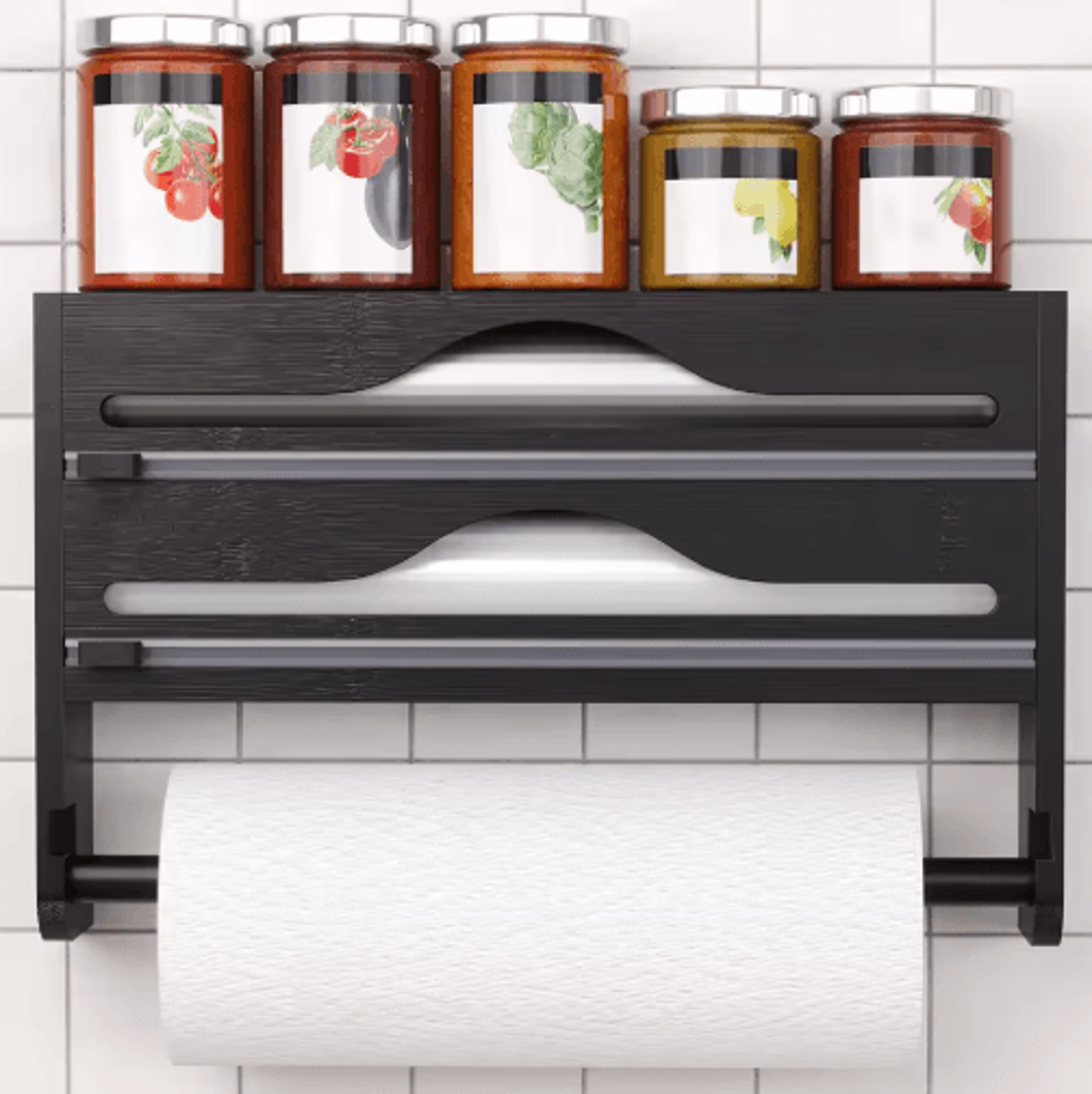 Bamboo Kitchen Organizer Wall Mounted Cling Film And Foil Dispenser With Cutter 0
