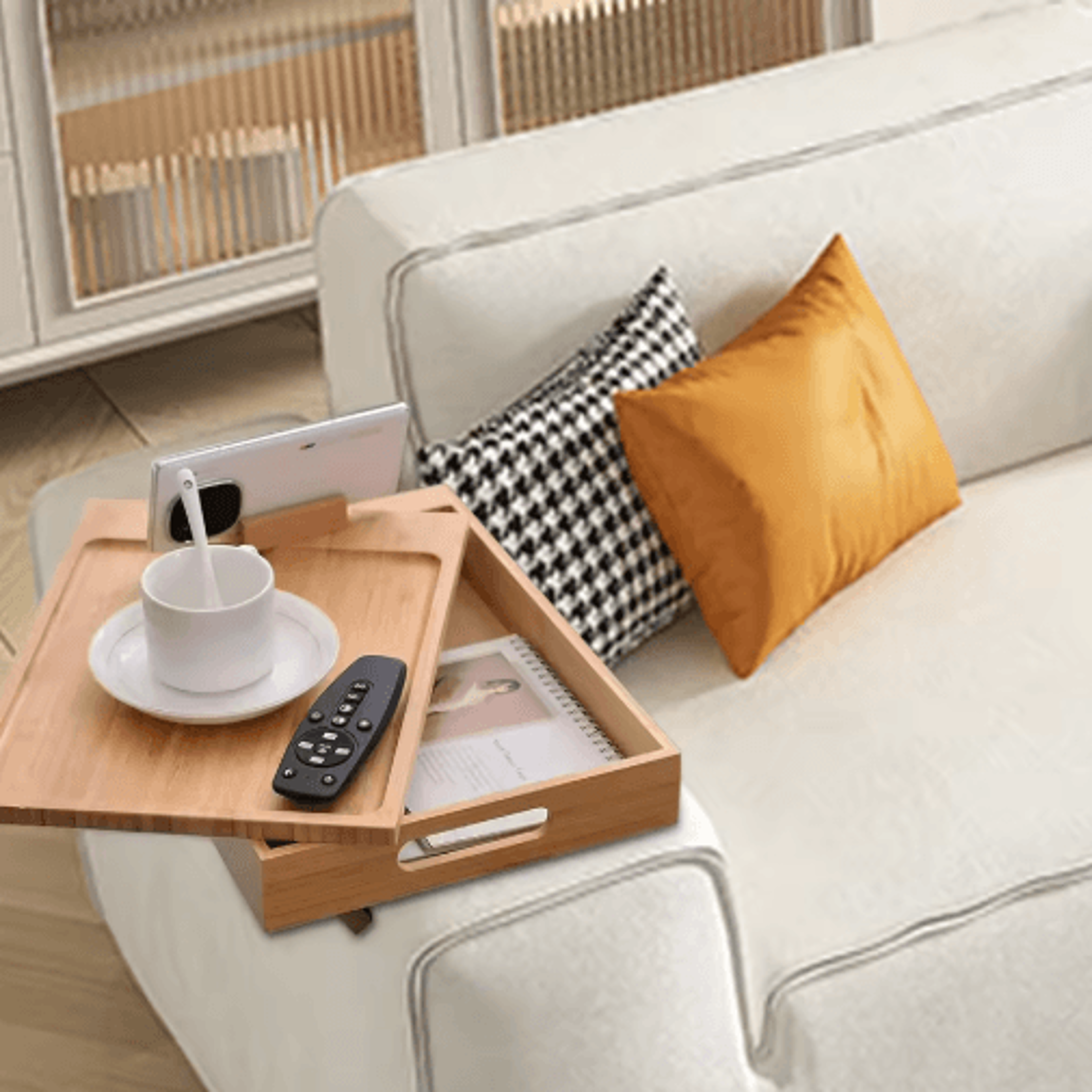 Bamboo Couch Armrest Tray Foldable Sofa Tray With 360 Rotating Phone And Tablet Stand 3