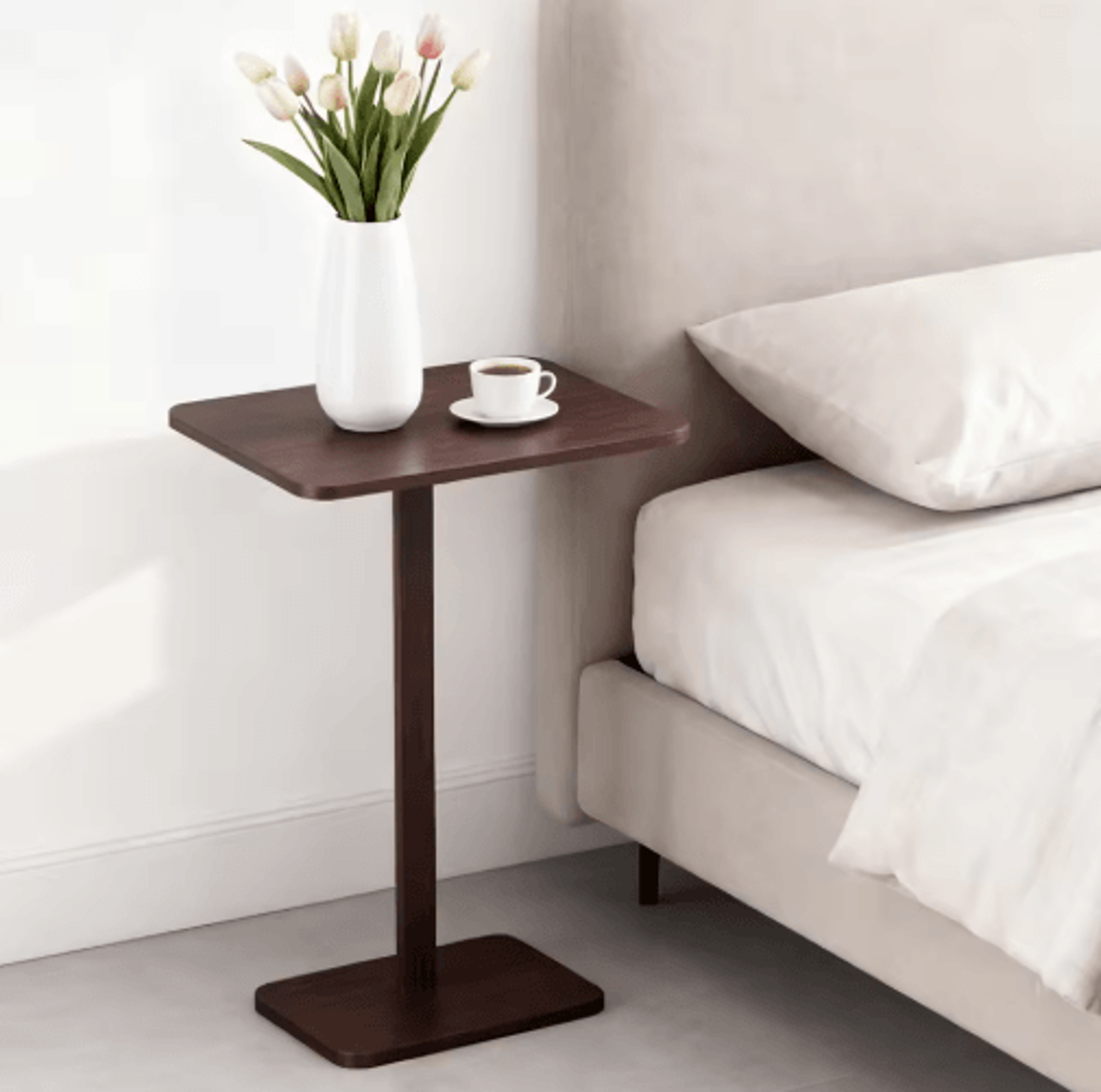 Bamboo C Shape Sofa Side Table Space Saving Armrest Tray And TV Snack Table Rustic Brown 4