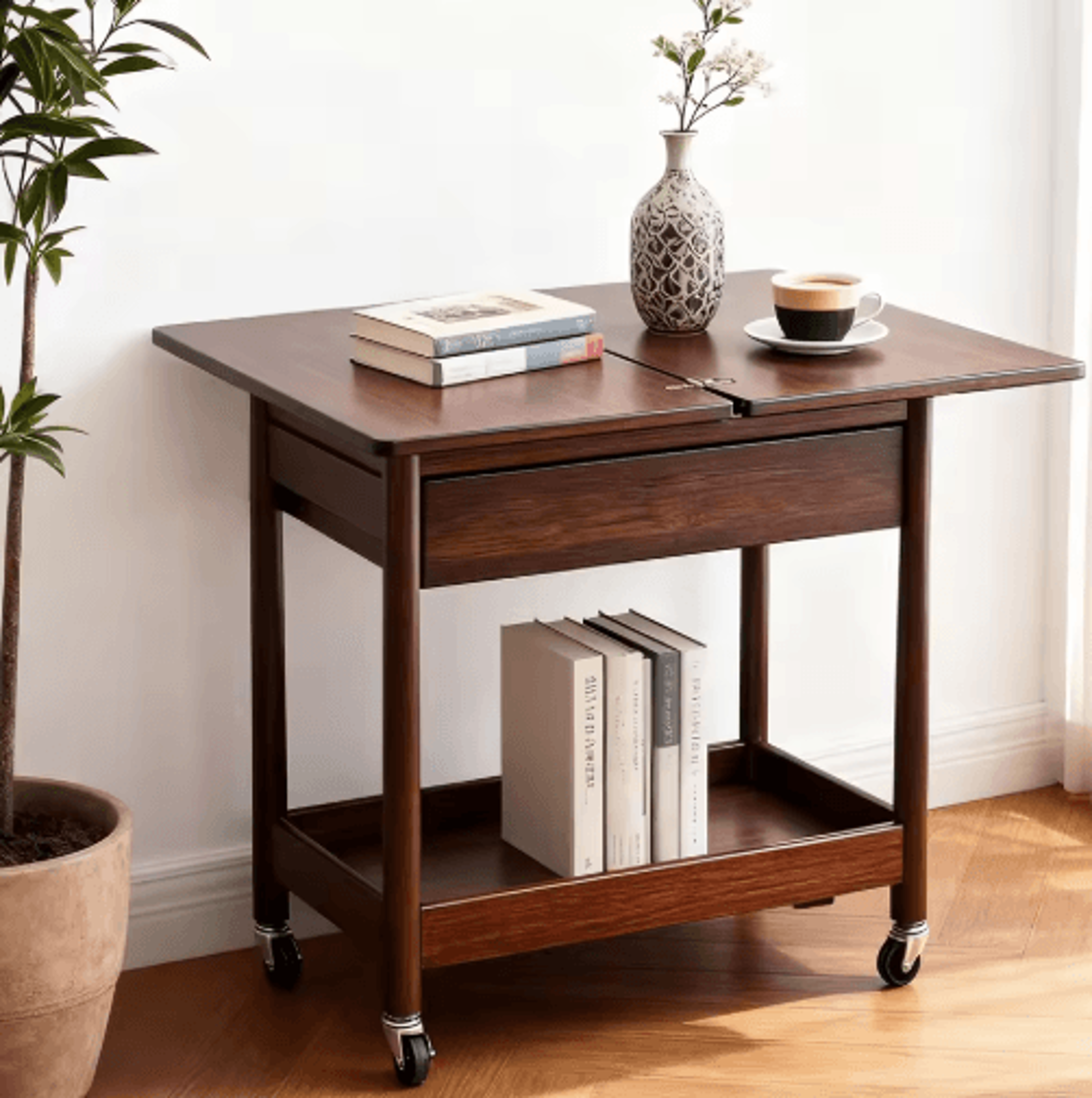 Extendable Foldable Dining Table With Drawer And Wheels Space Saving Farmhouse Table Walnut 2