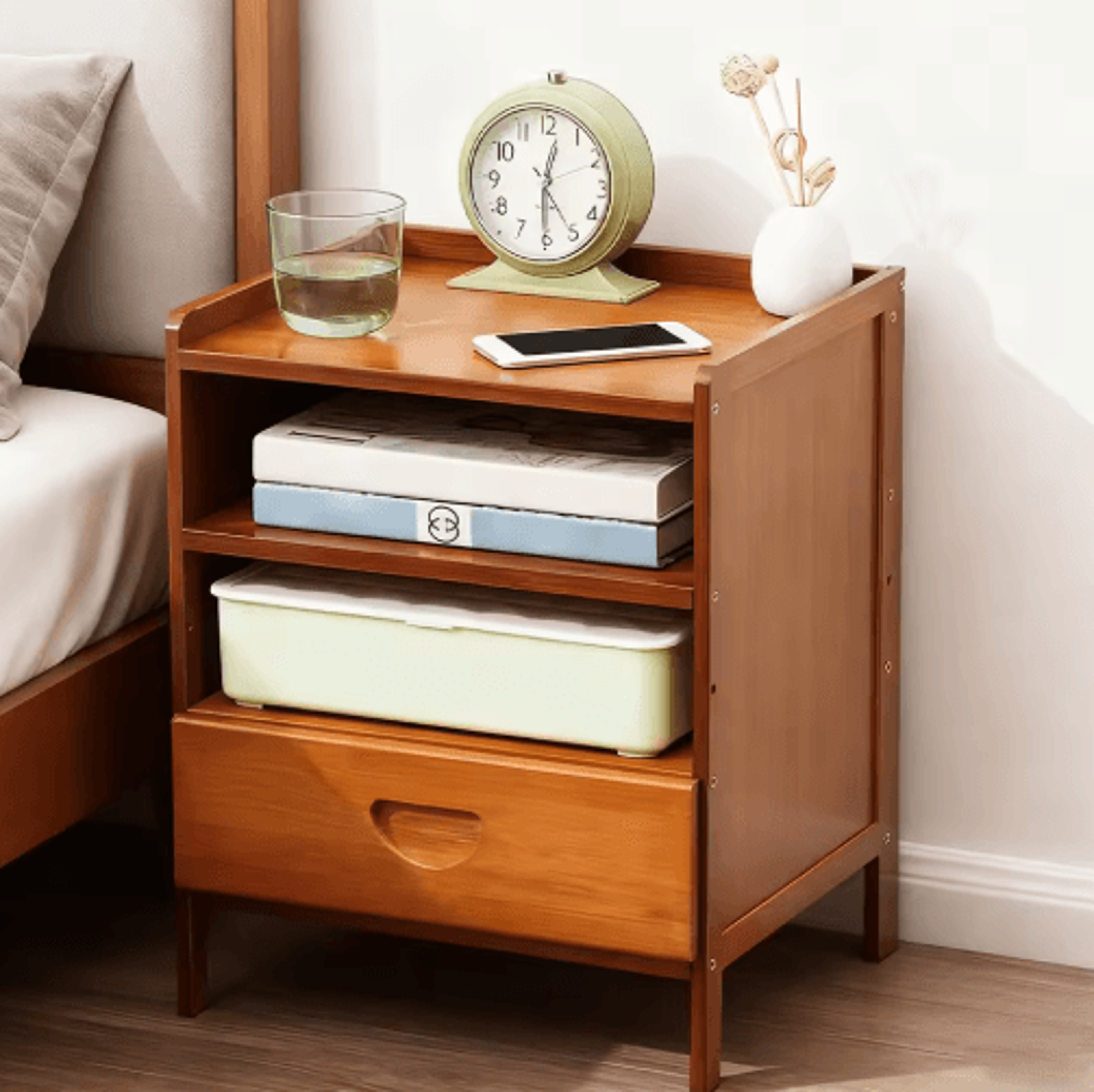 Bamboo Nightstand Storage Cabinet Space Saving Drawer And Shelf Organizer 5