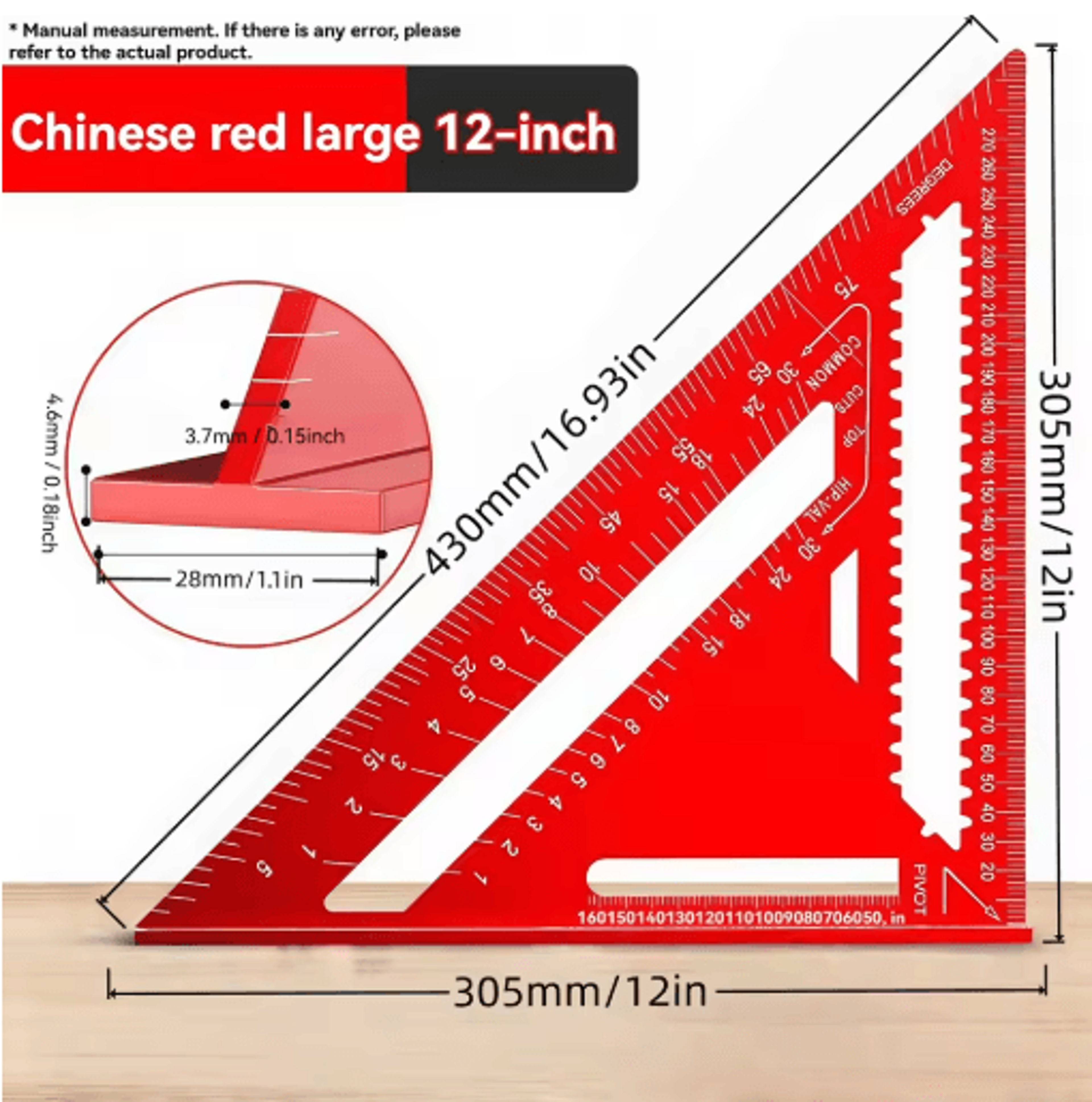 12 Inch Precision Triangle Ruler Red Aluminum Alloy Angle Finder With Metric Scalemea 0
