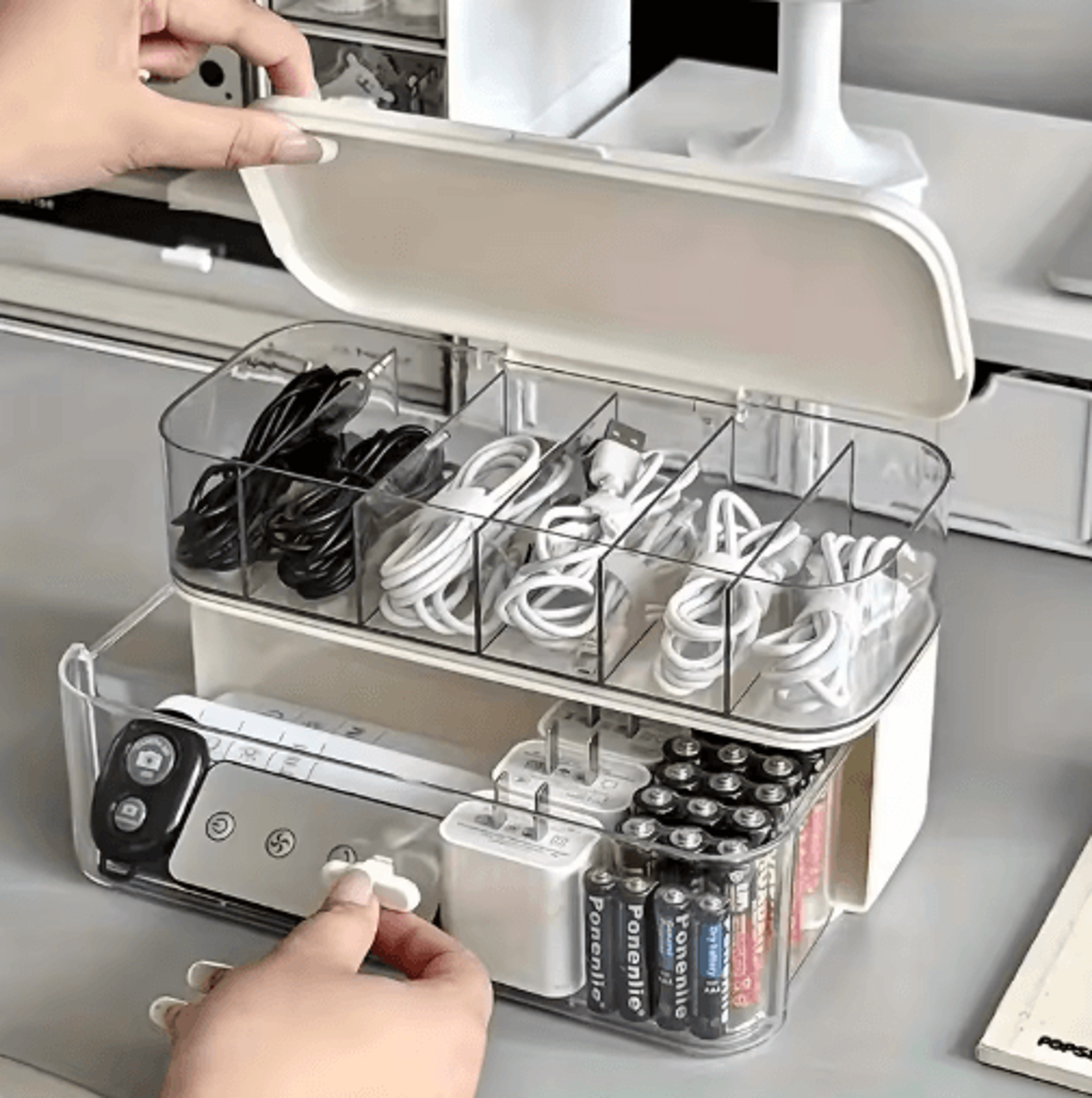 Double Layer Transparent Cable Organizer Box Compact Desktop Cord And Charger Storage 1