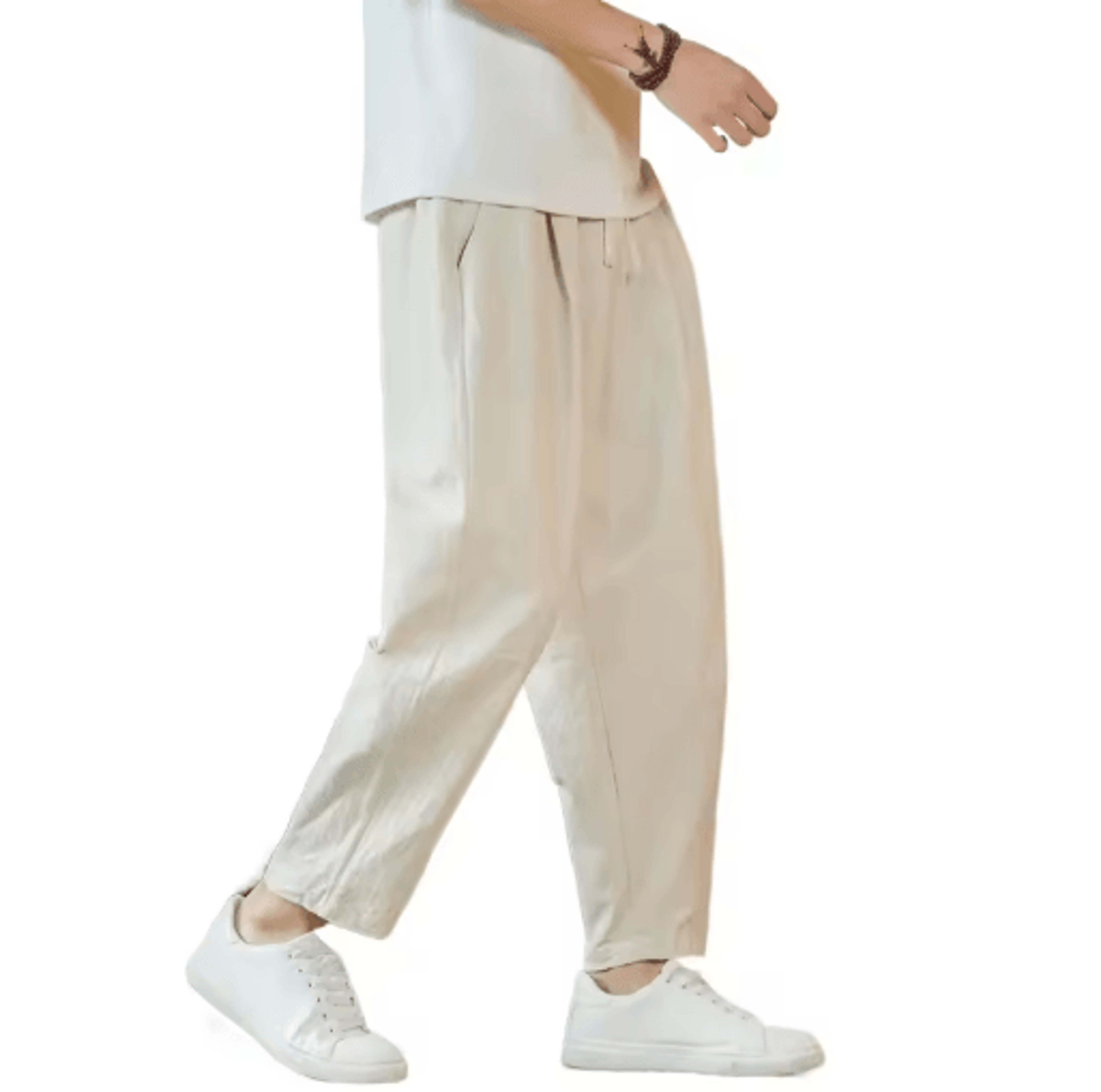 Mens Cotton Linen Casual Pants Breathable Loose Straight Leg Drawstring Streetwear Trousers 5