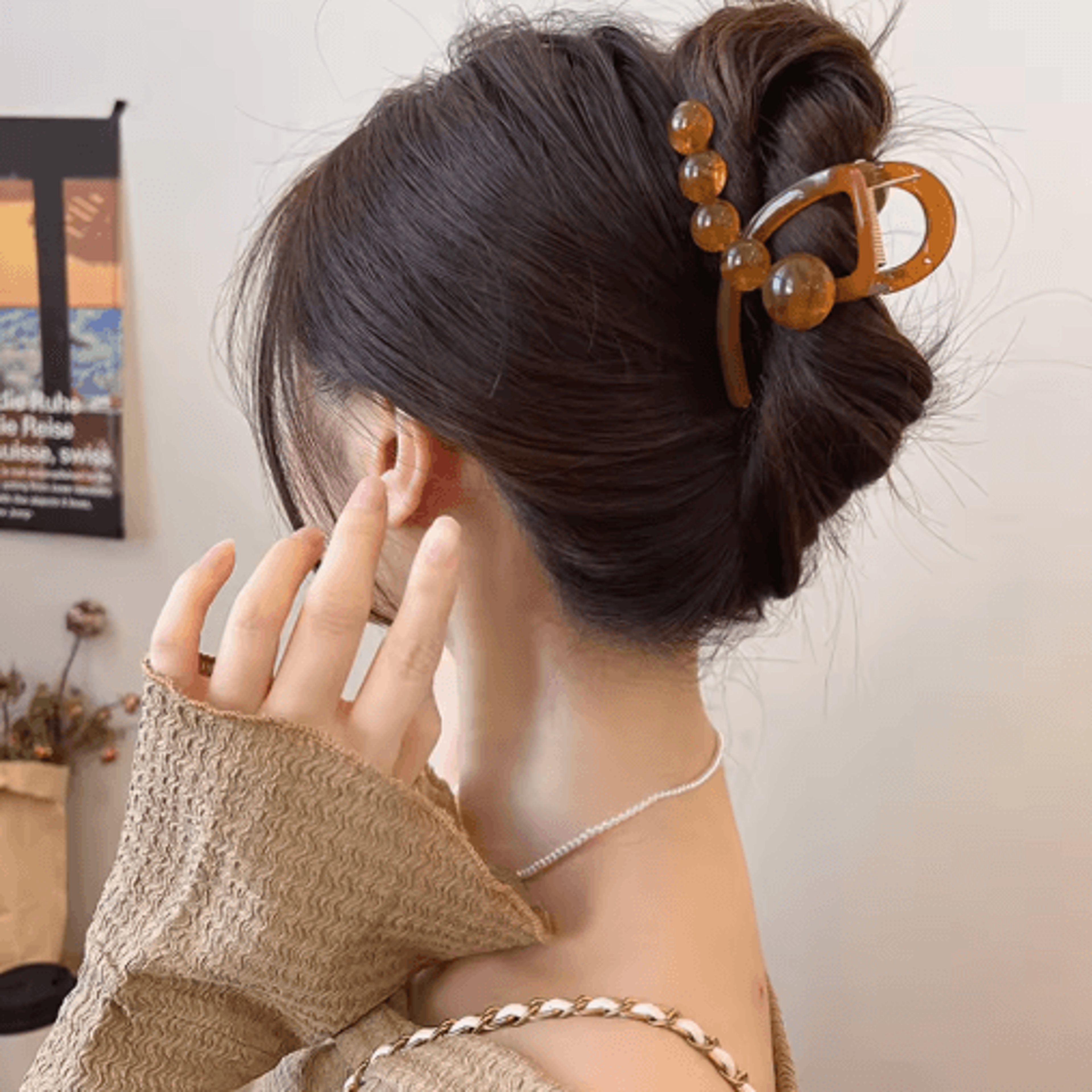 Womens Hair Claw Clip With Round Beads Korean Style High Ponytail Clamp Barrette 7