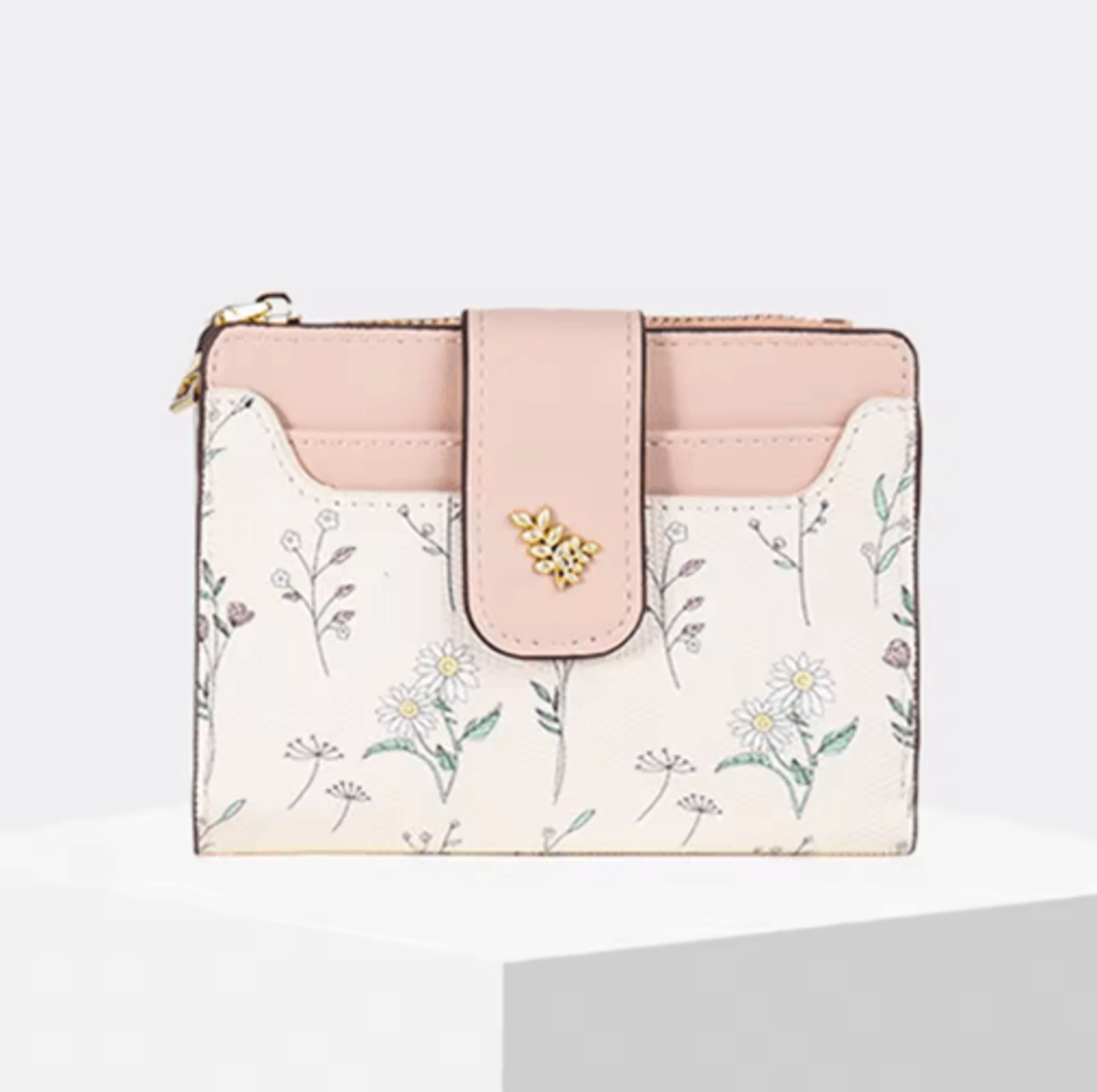 Womens PU Leather Wallet Flower Printed Short Slim Coin Purse With Card Holder 1