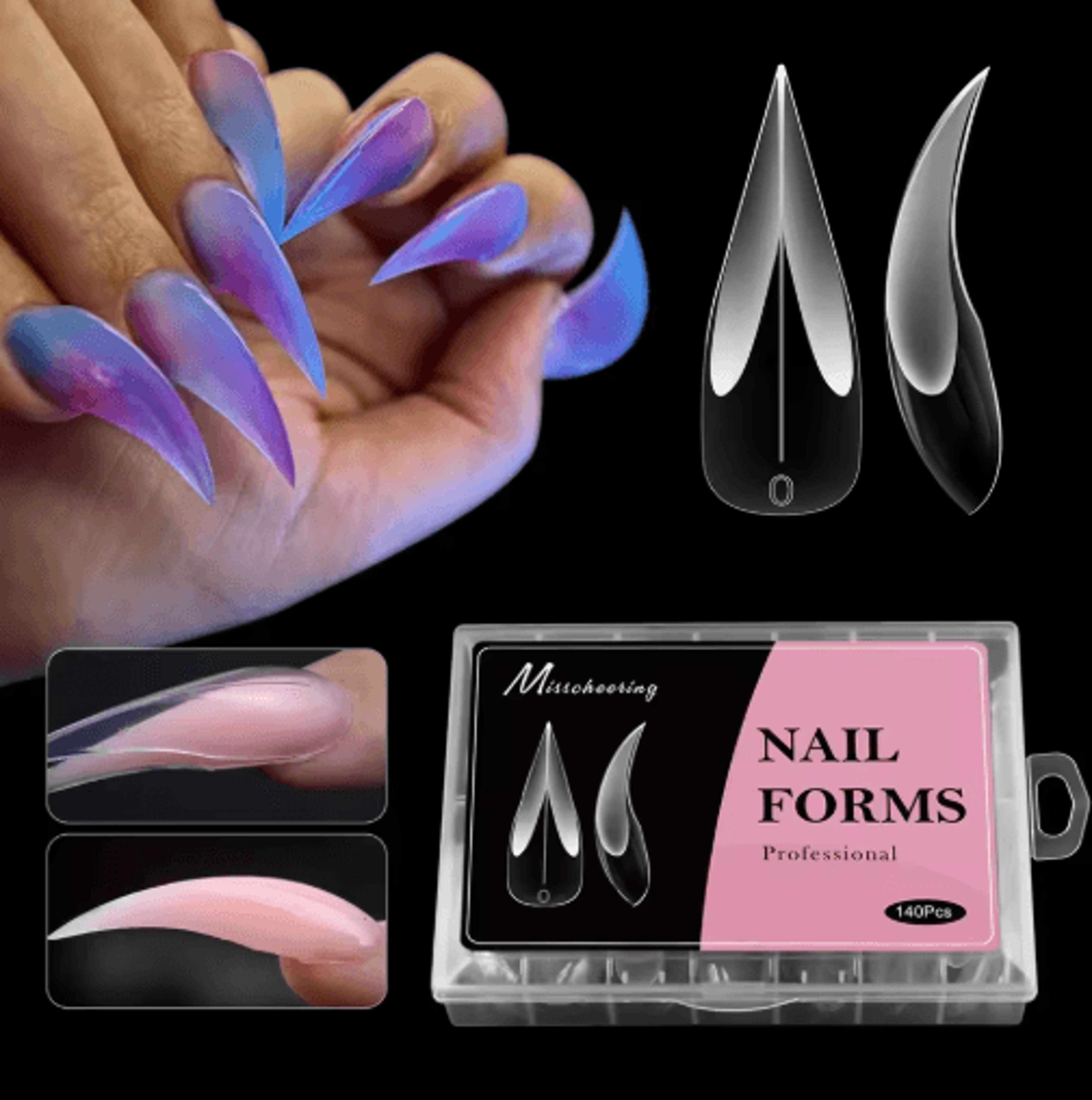 140PCS Reusable Nail Extension Tips Clear Dragon Claw Long Stiletto Press On Nails 0