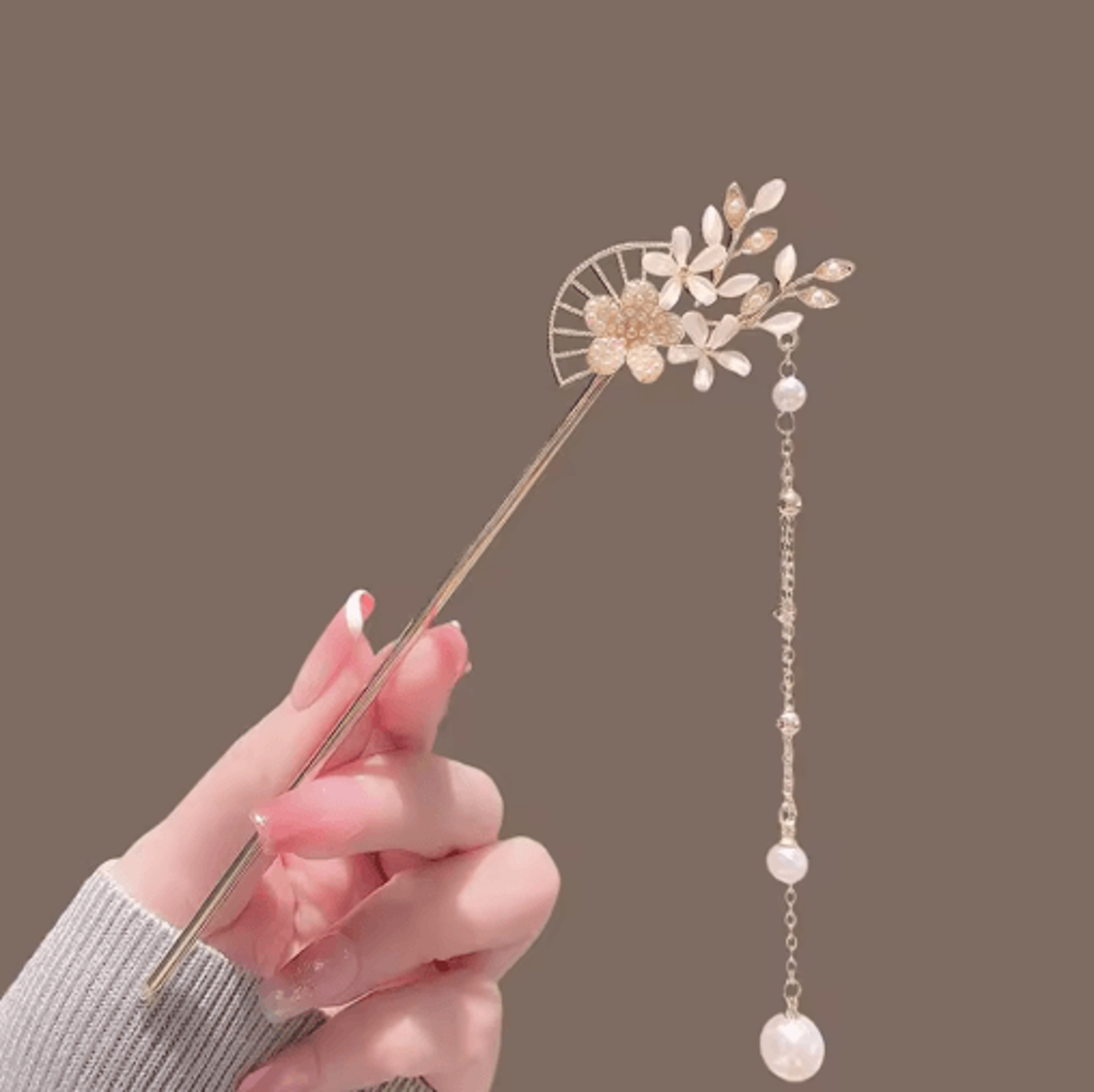 Simple Flower Hair Pin Pearl Chain Tassel Hair Stick Fork In New Chinese Style 8