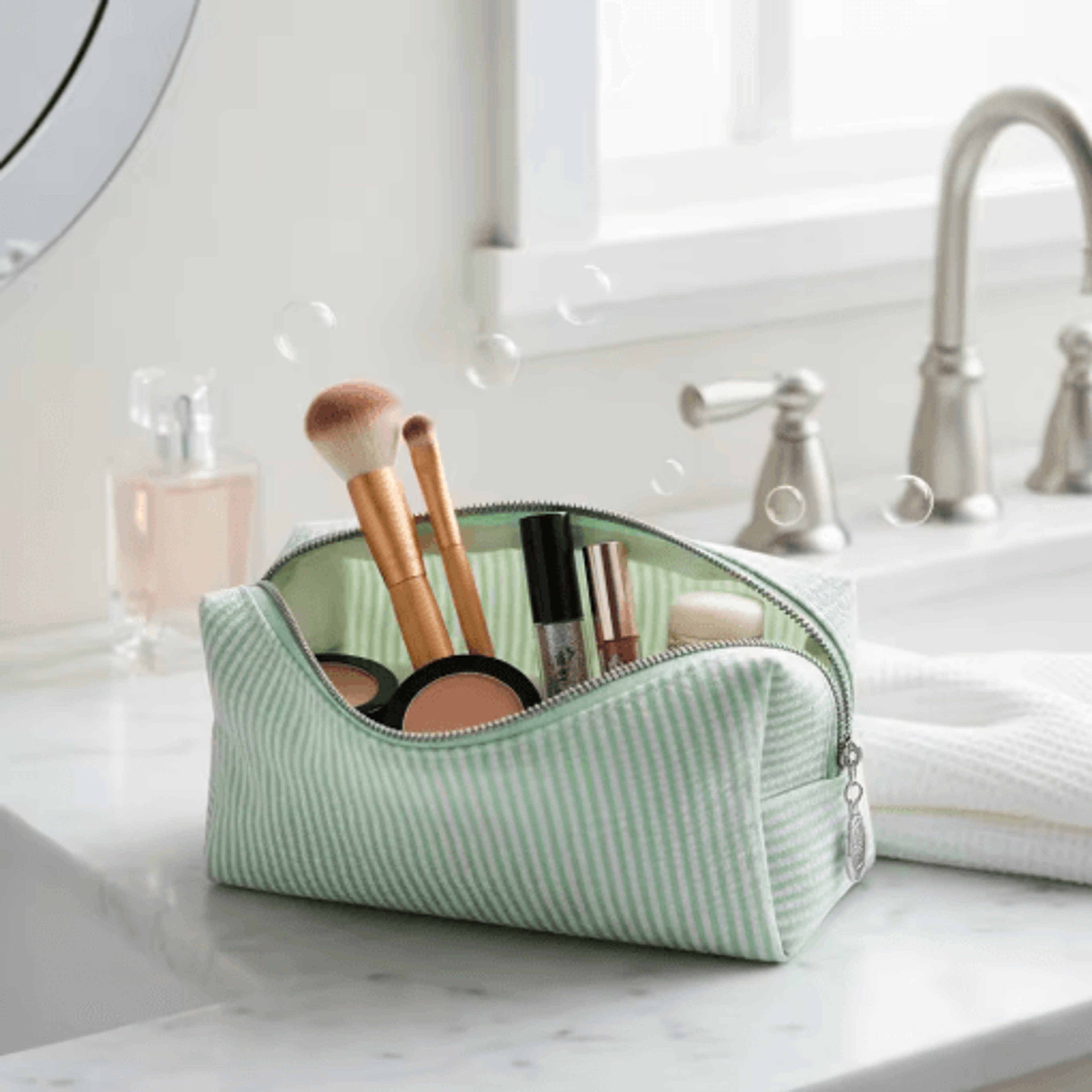 Striped Embroidery Makeup Bag Waterproof Travel Toiletry Organizer With Bubble Print 14