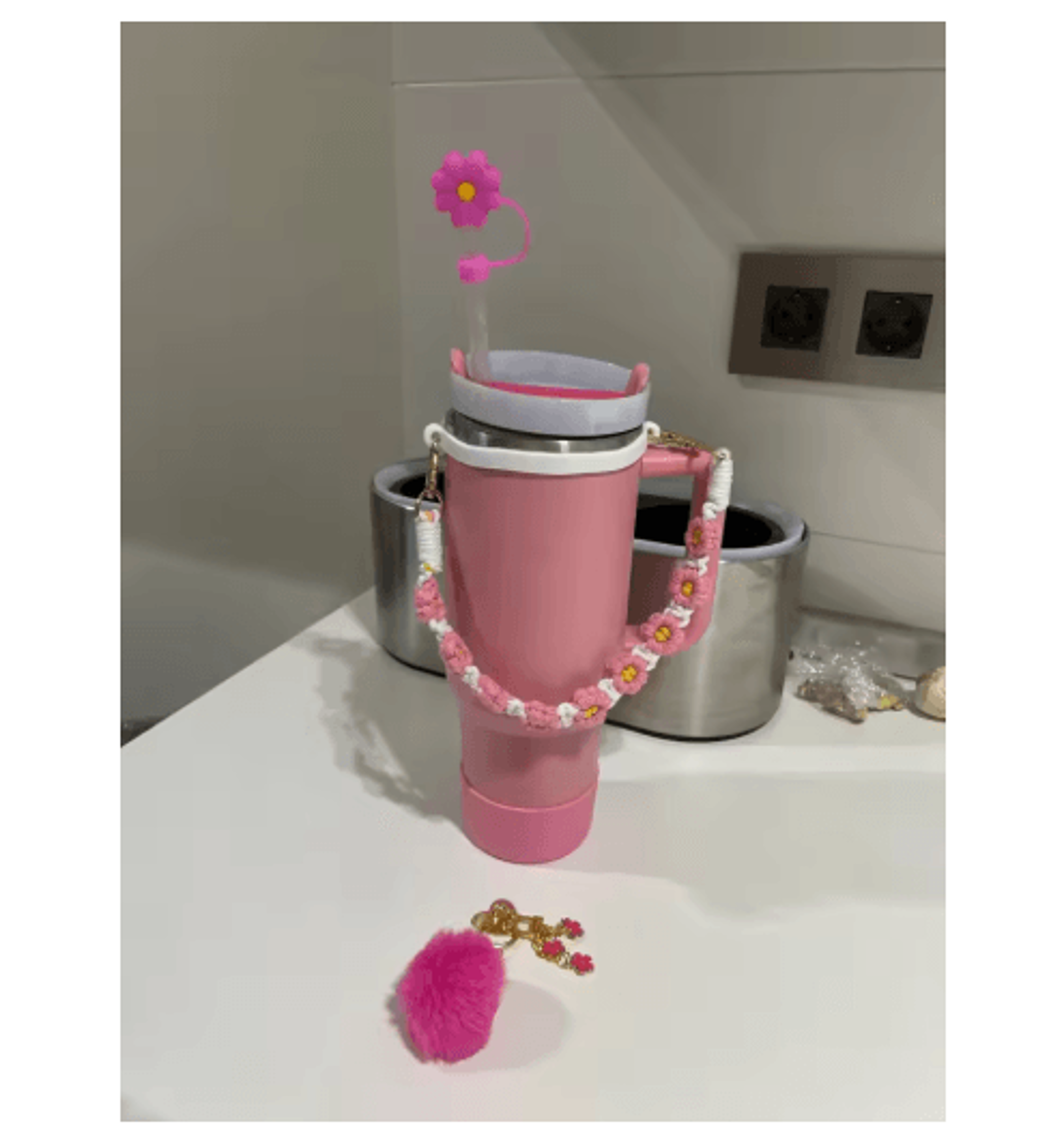 7PCS Stanley Cup Accessory Set Pink Flower Handle Strap Straw Cover And Decorative Charms 16