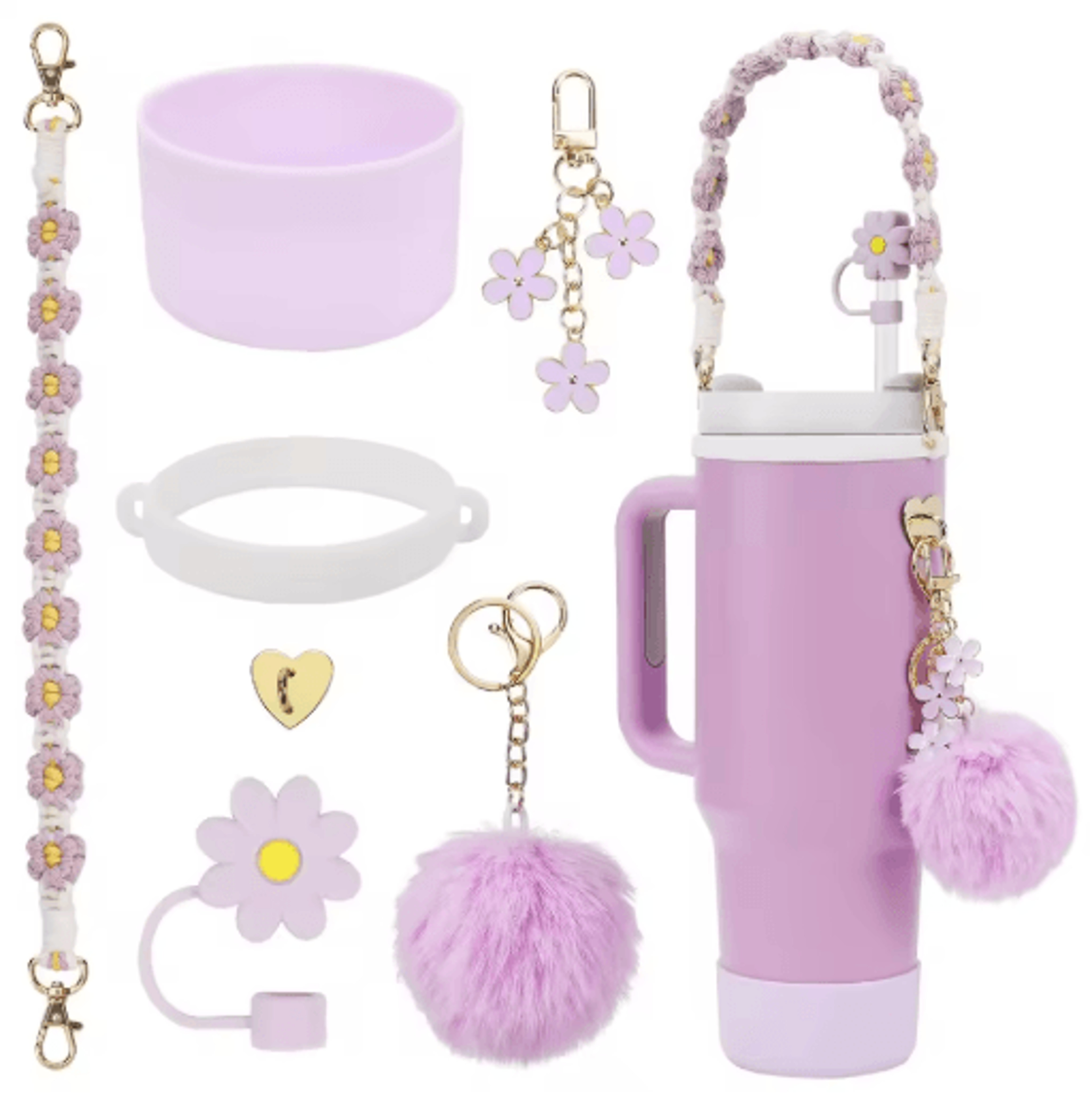 7PCS Stanley Cup Accessory Set Pink Flower Handle Strap Straw Cover And Decorative Charms 6