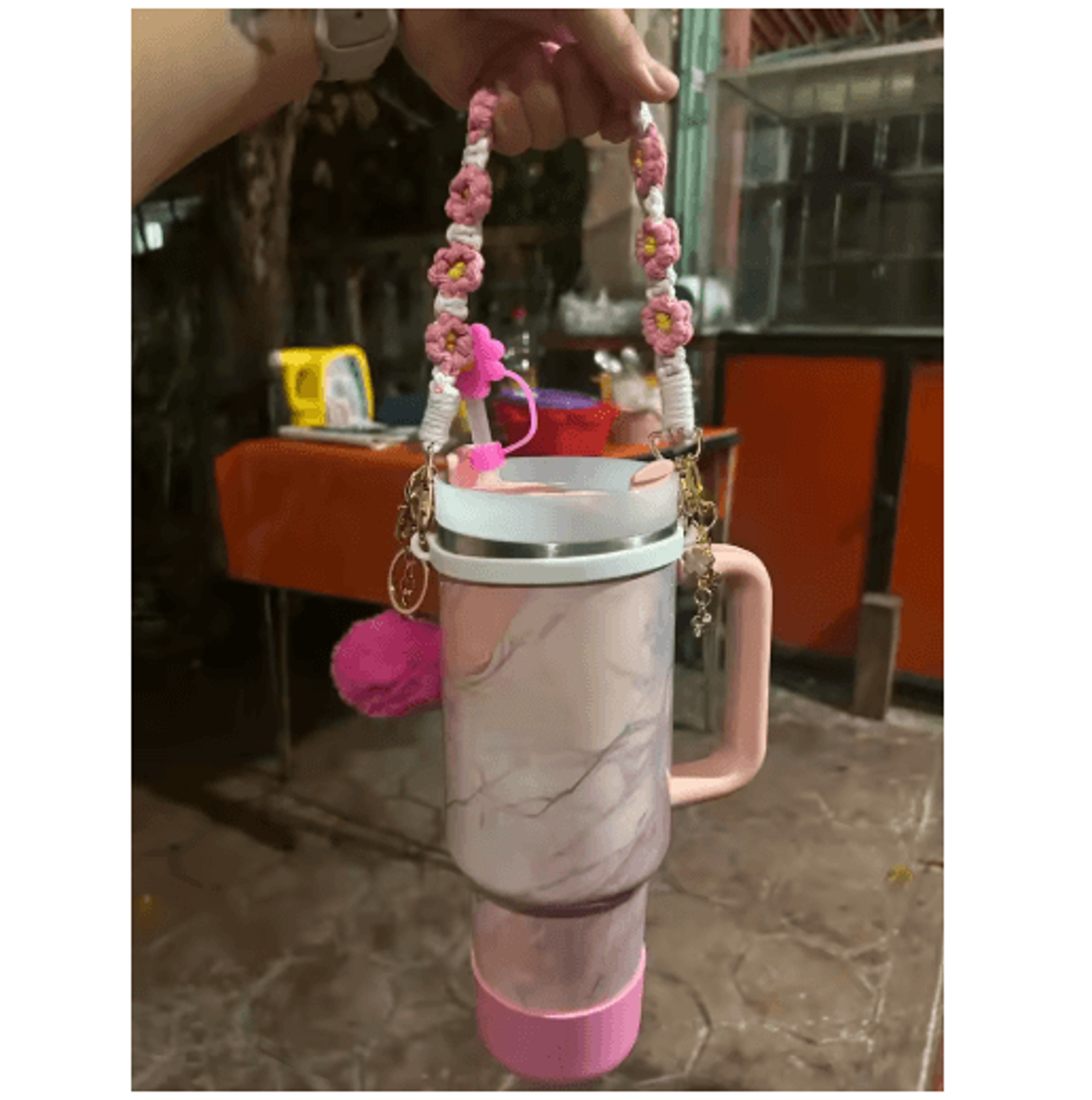 7PCS Stanley Cup Accessory Set Pink Flower Handle Strap Straw Cover And Decorative Charms 18