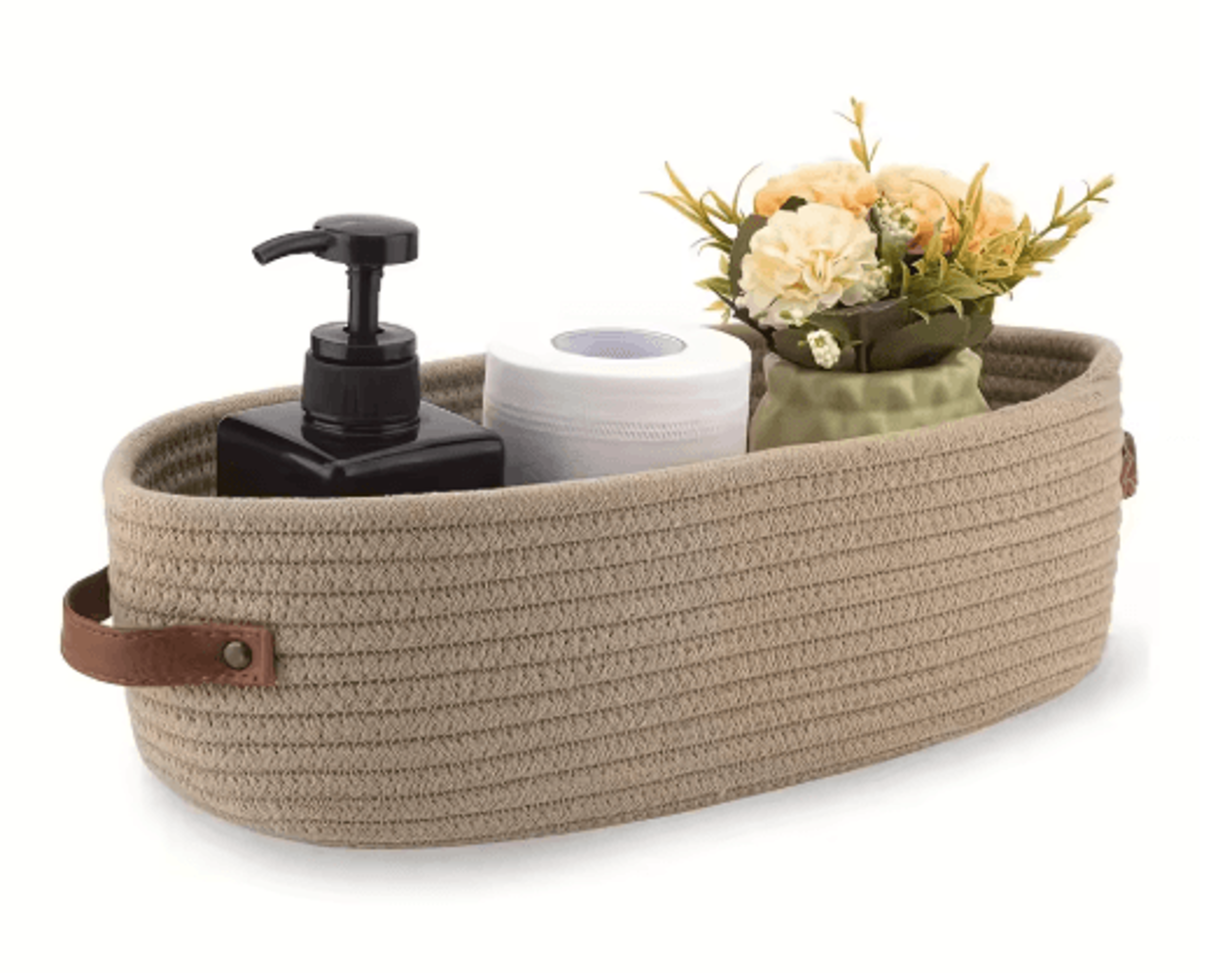 Elegant Oval Cotton Rope Storage Basket With Leather Handle Bathroom And Home Organizer 2