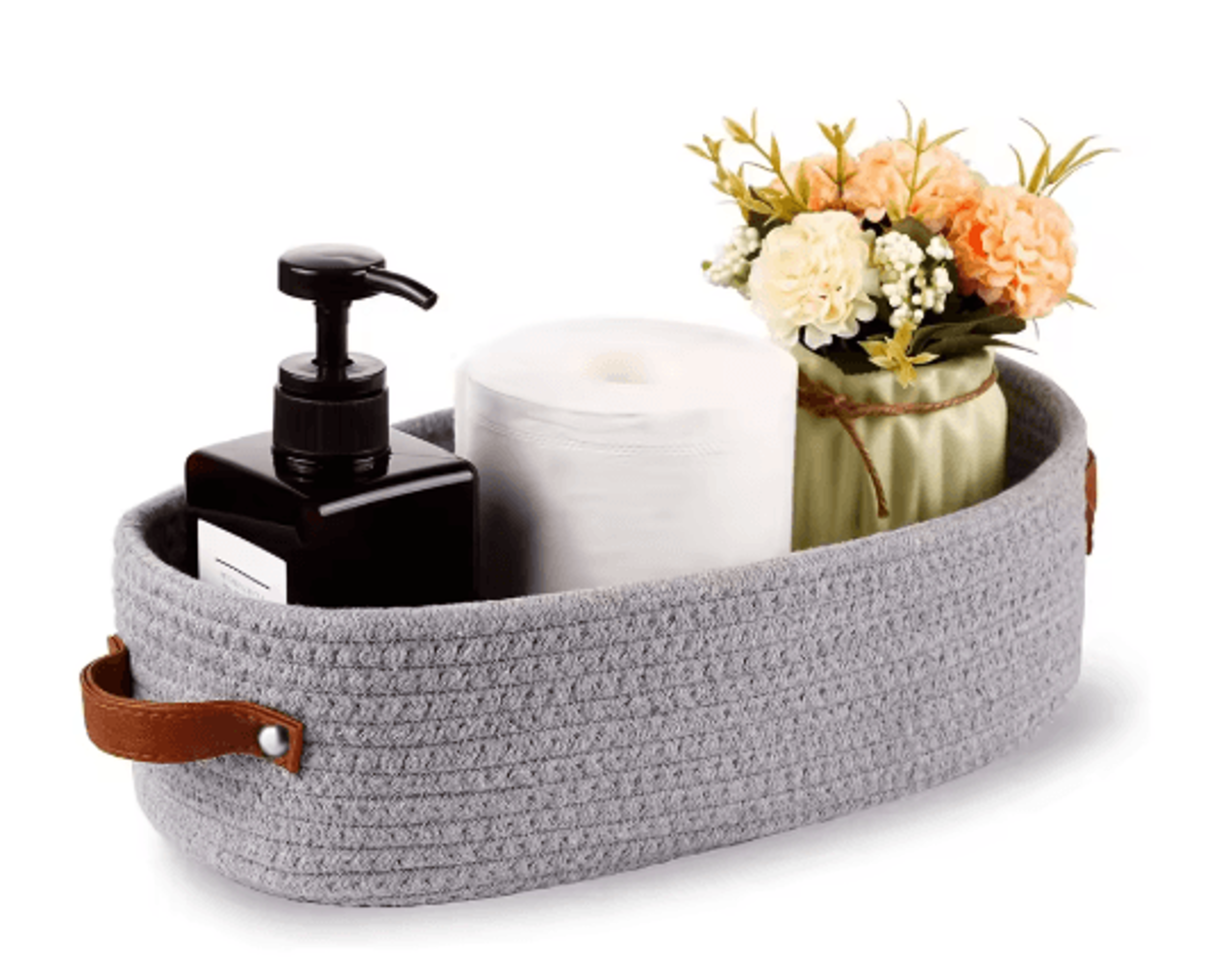 Elegant Oval Cotton Rope Storage Basket With Leather Handle Bathroom And Home Organizer 5