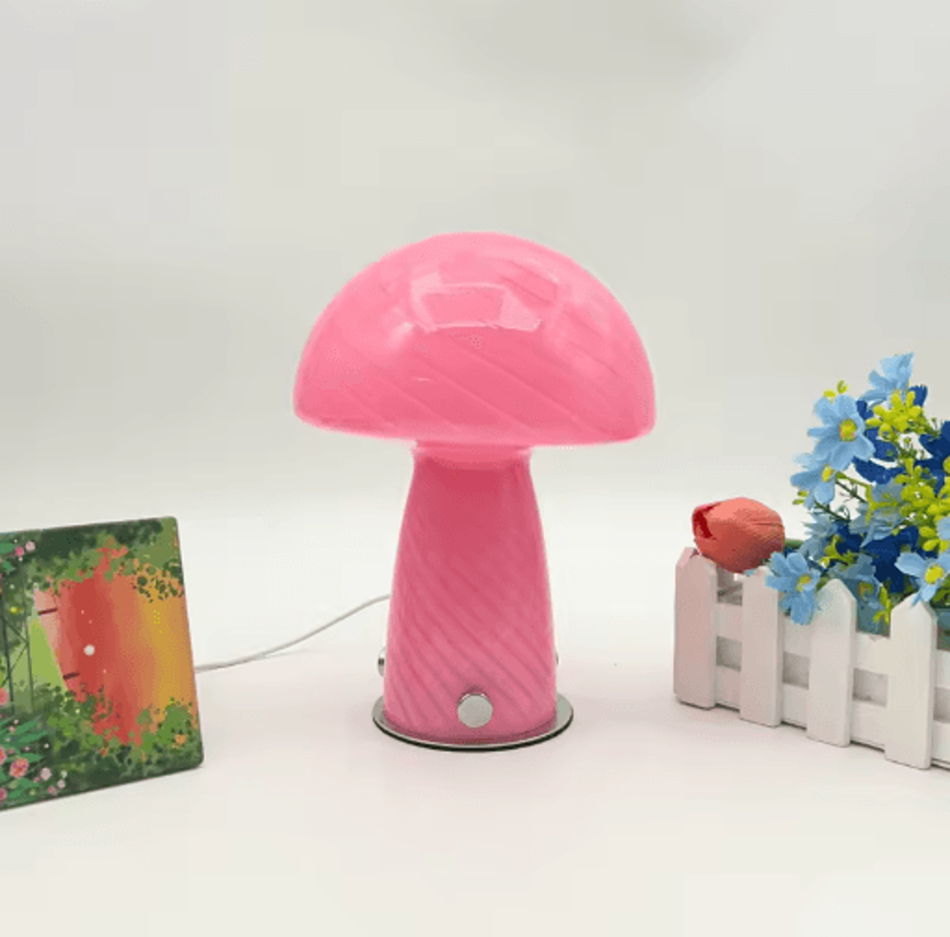 Cream Striped Mushroom Table Lamp Cozy Bedside Ambient Light For Bedroom And Living Room 7