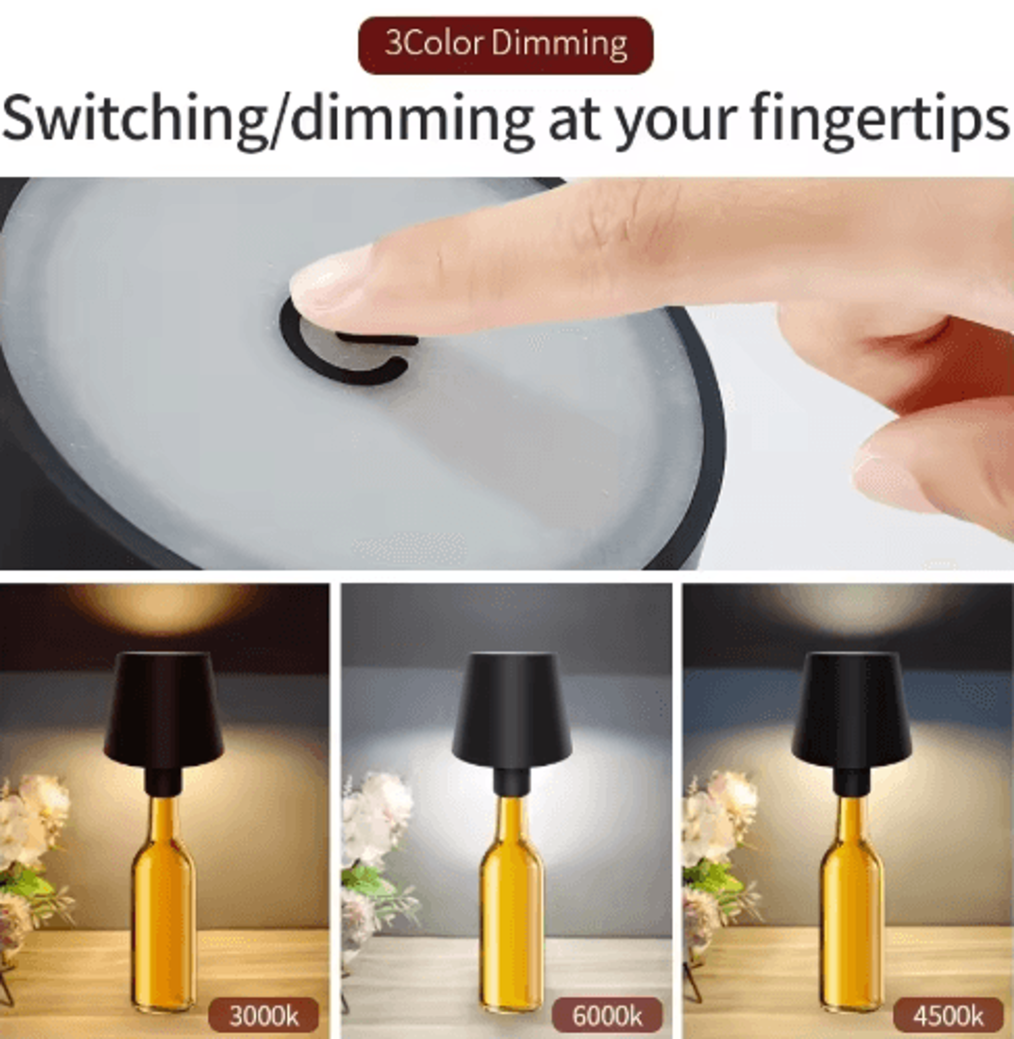 LED Cordless Table Lamp Portable Rechargeable Night Light With 3 Color Stepless Dimming 13