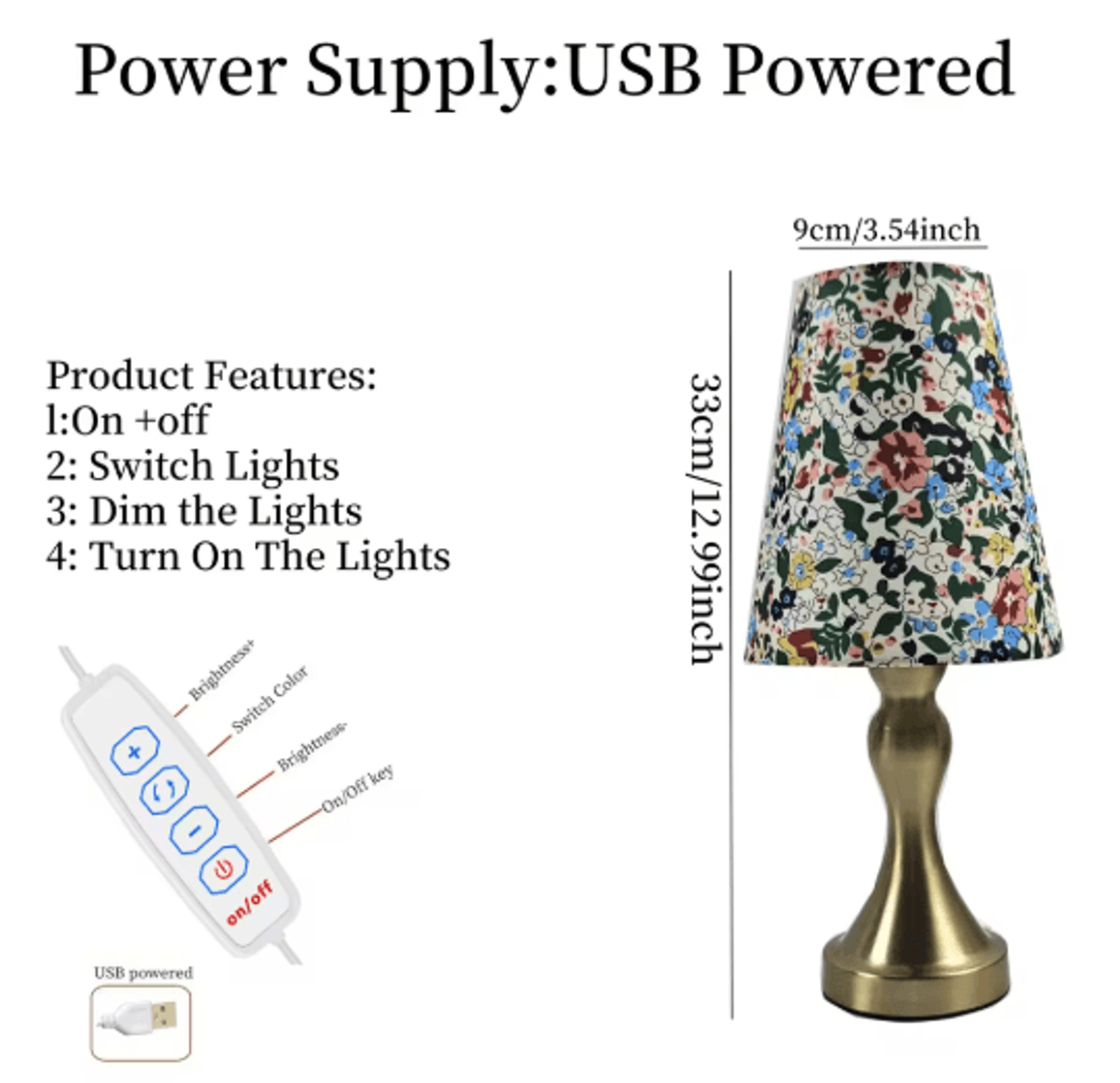 Table Lamp With Golden Base And Floral Fabric Shade USB Powered 3 Tone Dimmable Ambient Light 3